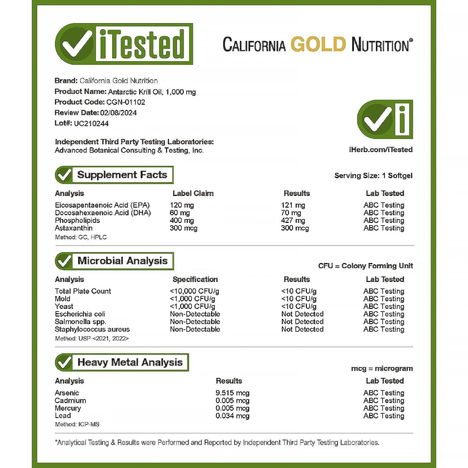 California Gold Nutrition Antarctic Krill Oil Omega 3 Phospholipids