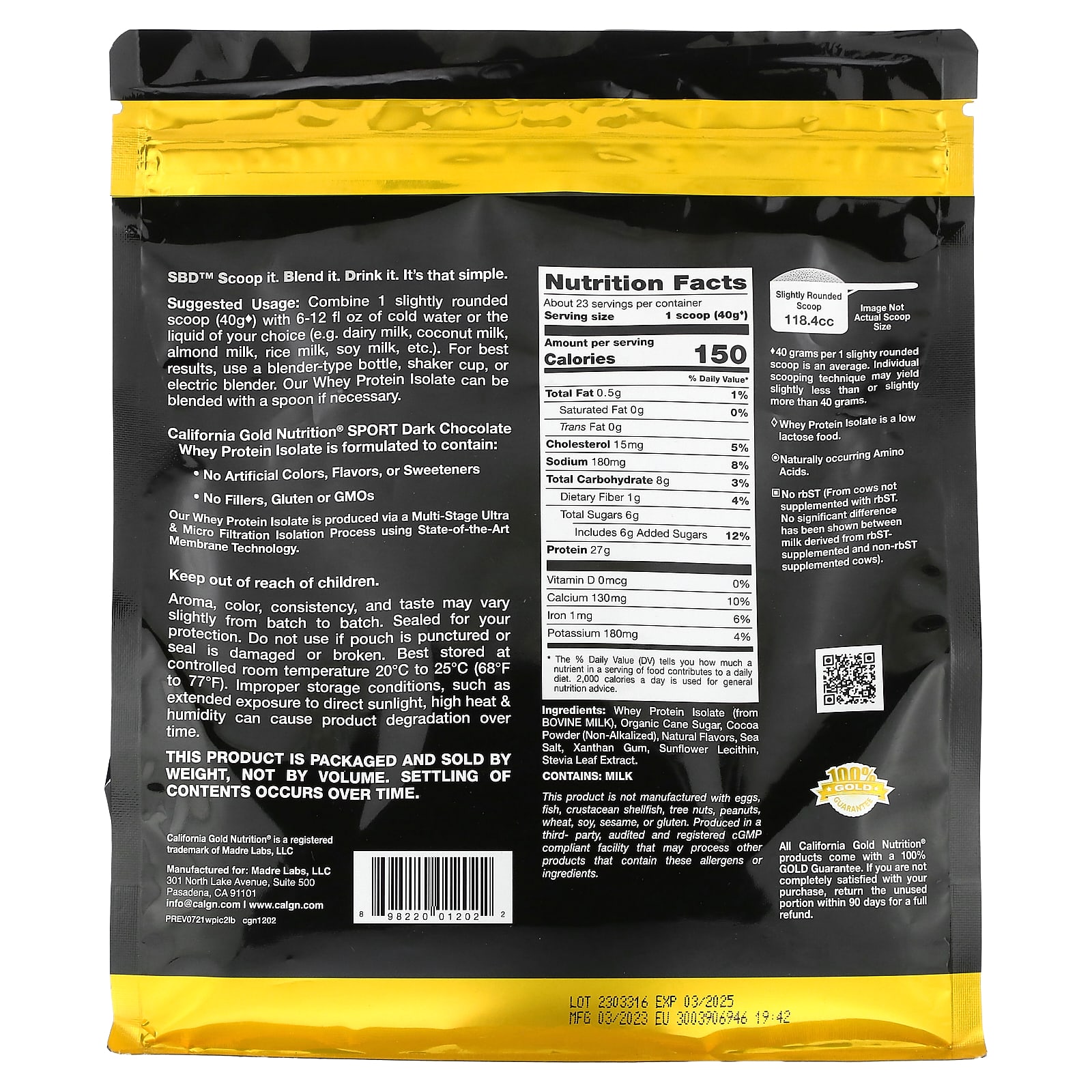 California Gold Nutrition Sport Dark Chocolate Whey Protein Isolate