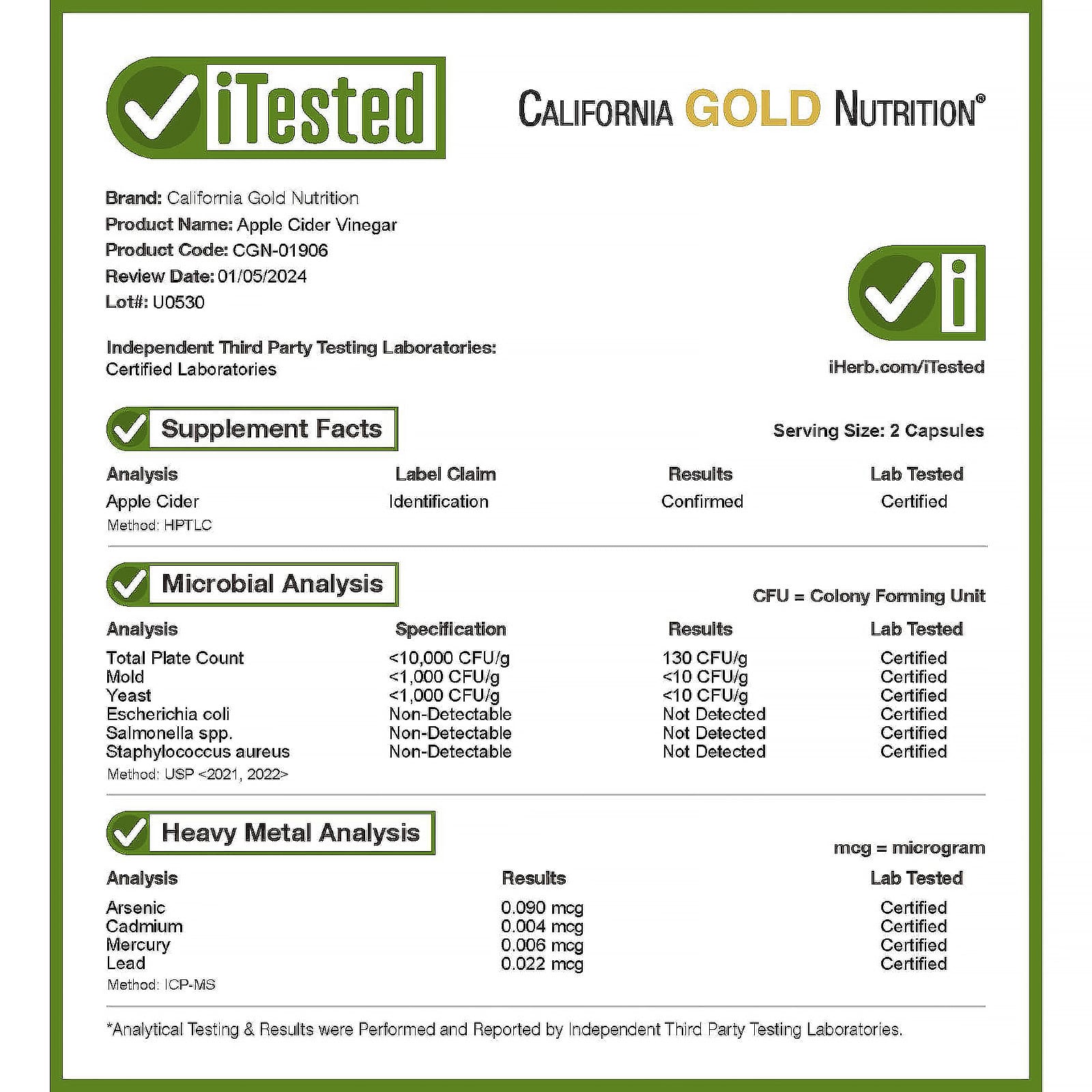 California Gold Nutrition 애플 사이다 식초 베지 캡슐 180정