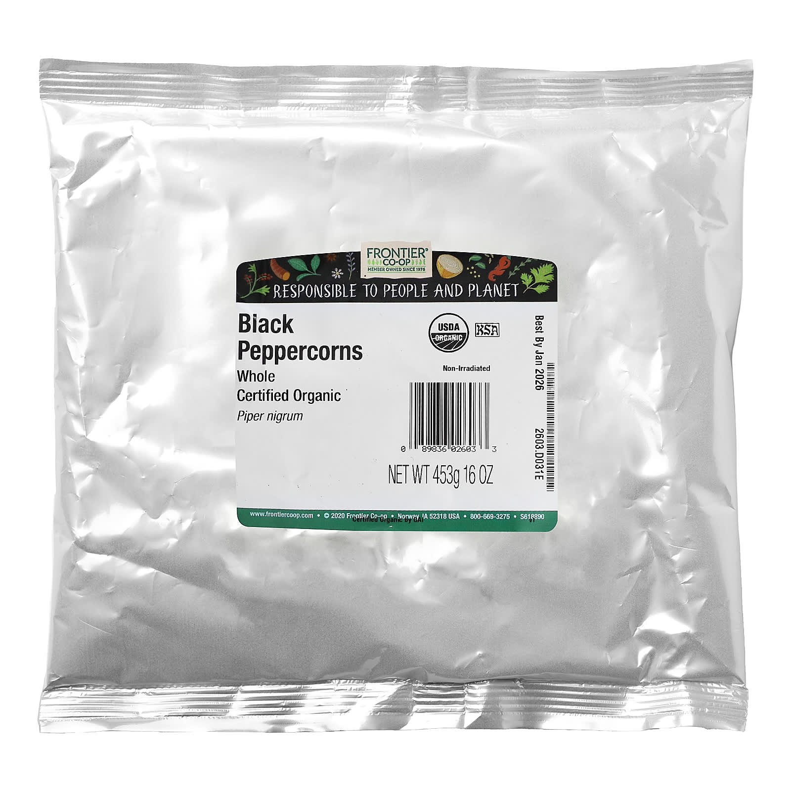 Frontier Co Op Organic Whole Black Peppercorns 16 Oz 453 G