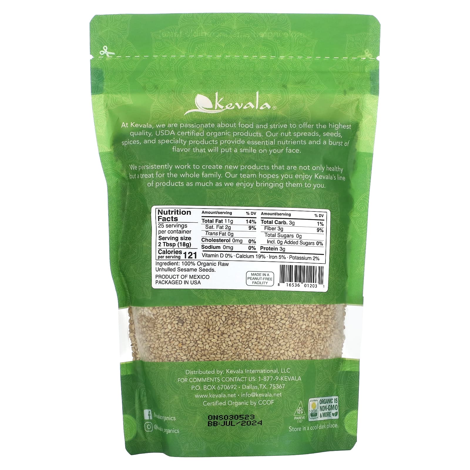 Kevala Organic Raw Sesame Seeds Unhulled Oz G