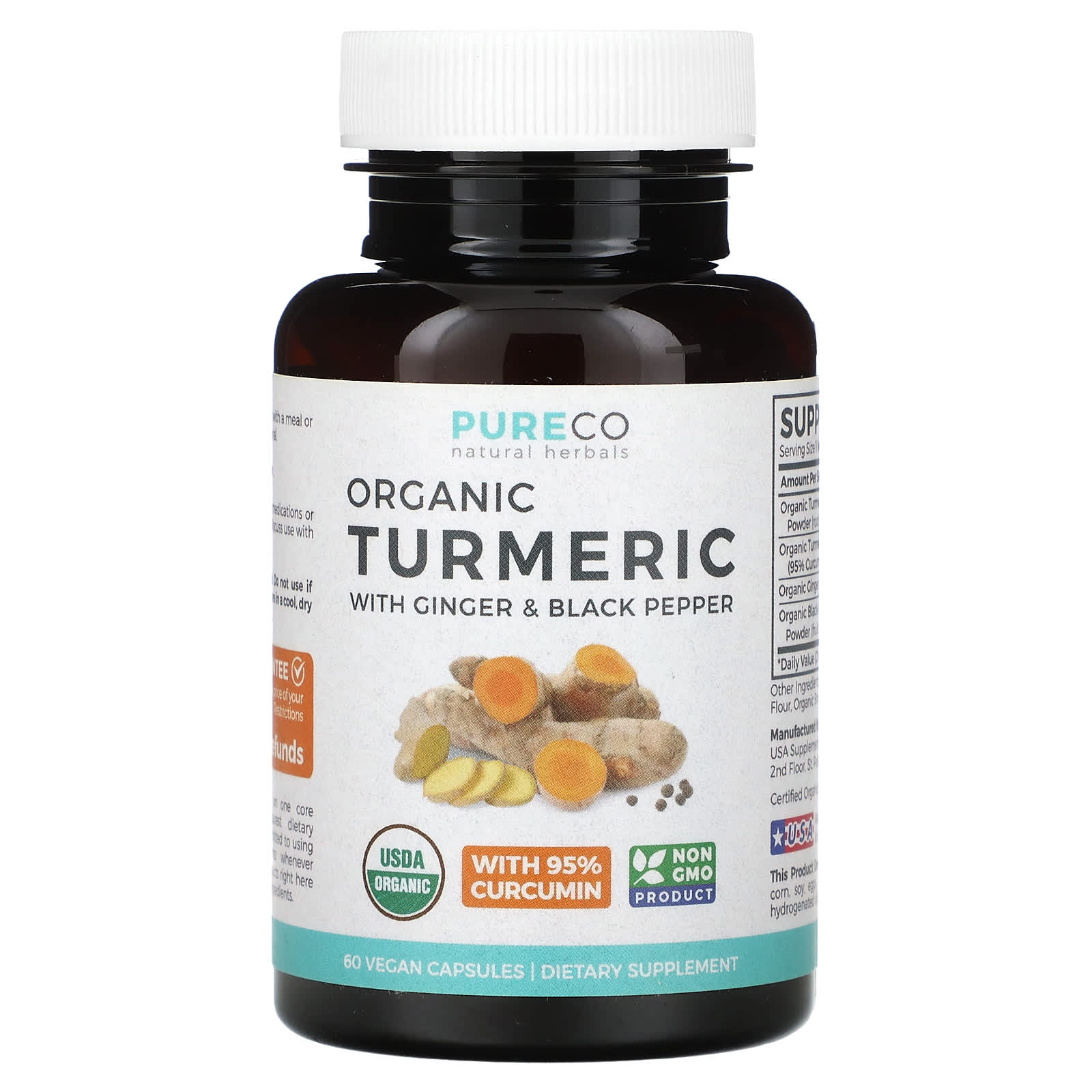 Pure Co Organic Turmeric With Ginger Black Pepper Vegan Capsules