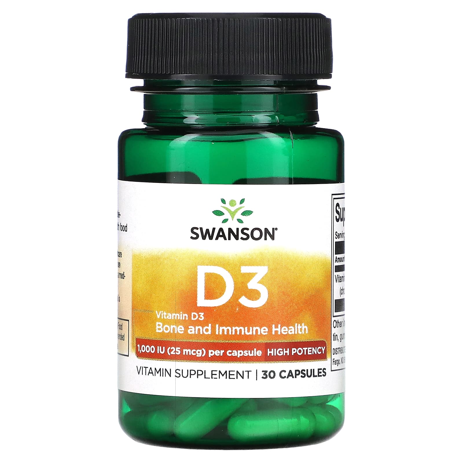 Swanson Vitamin D3 High Potency 1 000 IU 25 Mcg 30 Capsules