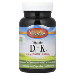 Carlson, Vitamin D3 + K2, 120 вегетарианских капсул