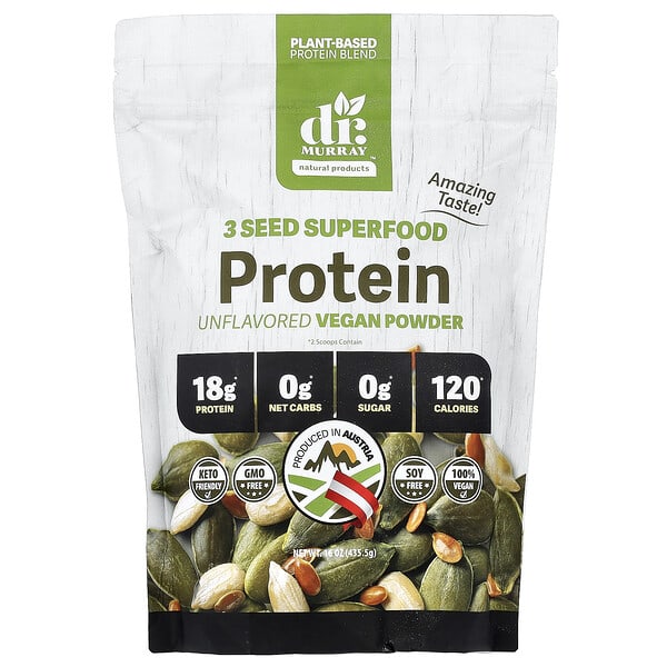 Dr. Murray's, 3 Seed Superfood Protein Vegan Powder, Unflavored, 16 oz (435.5 g)