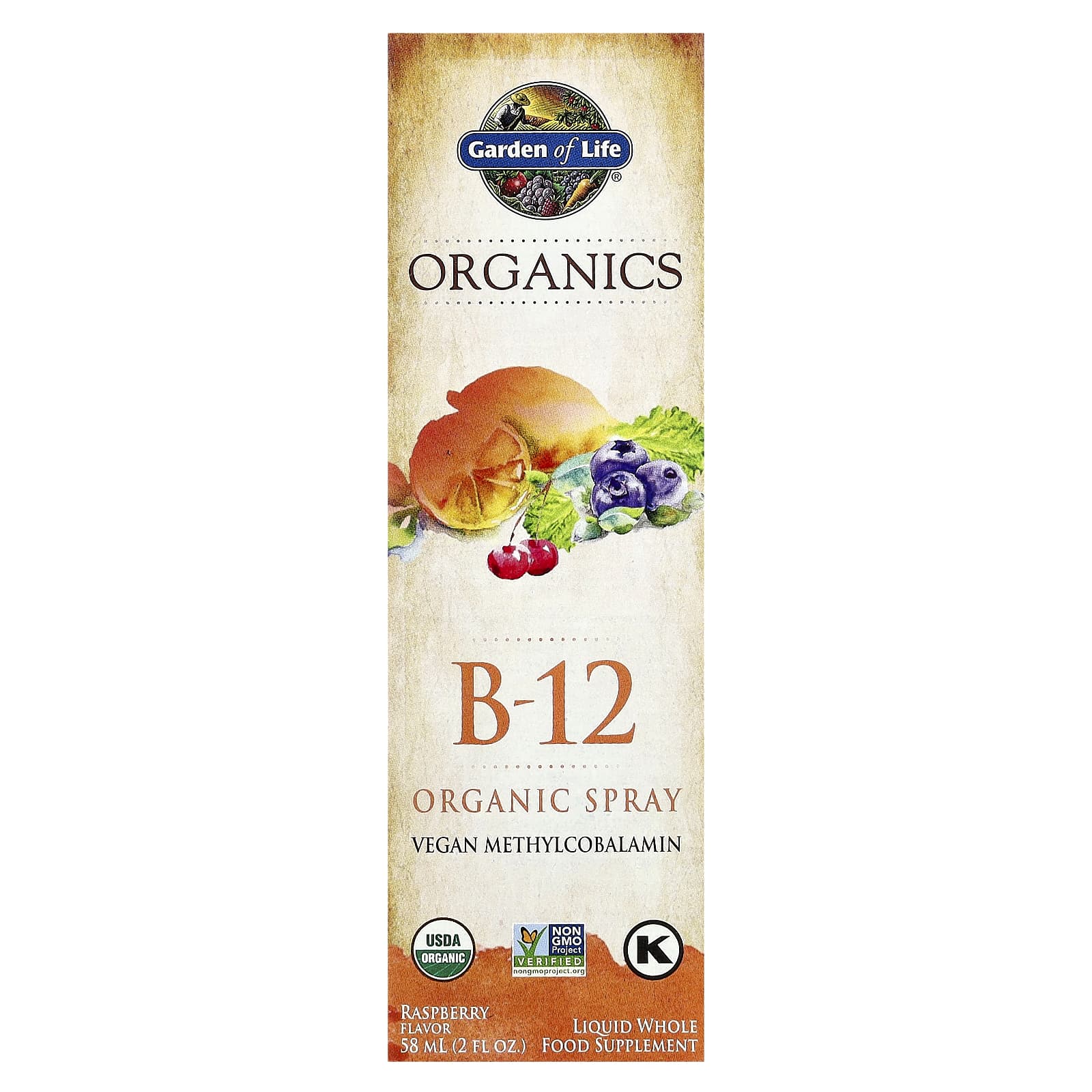 Garden of Life Organics, B-12 Organic Spray, малина, 58 мл