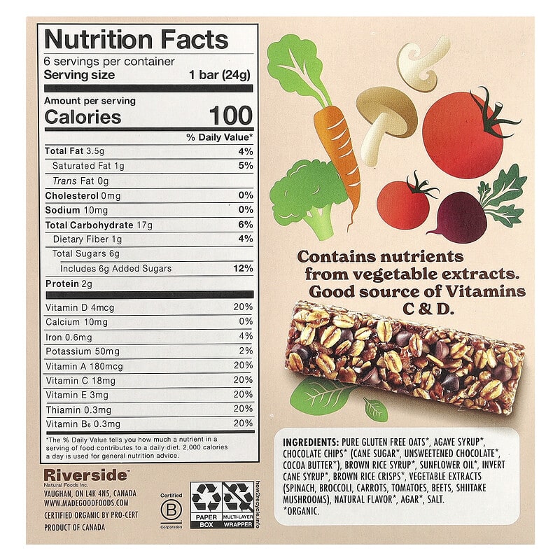 Granola Bars, Chocolate Chip, 6 Bars, 0.85 oz (24 g) Each Granola Bars, Chocolate Chip, 6 Bars, 0.85 oz (24 g) Each