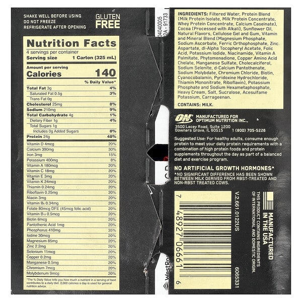 Optimum Nutrition, Gold Standard® Protein Shake, Chocolate, 4 Cartons, 11 fl oz (325 ml) Each