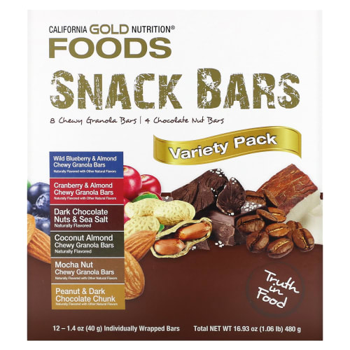 California Gold Nutrition, FOODS, батончики-снеки, ассорти вкусов, 12 батончиков по 40 г (