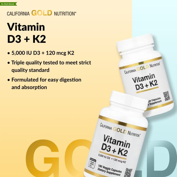 Vitamin D3 + K2 as MK-7, 180 Veggie Capsules