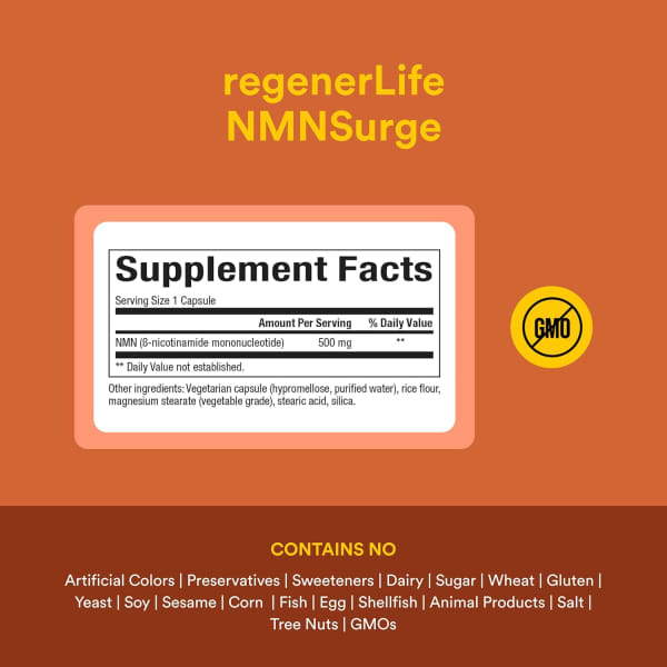 RegenerLife®, NMN Surge, Ekstra Güçlü, 500 mg, 30 Vejetaryen Kapsül