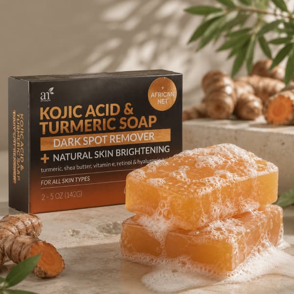 Kojic Acid & Turmeric Bar Soap + African Net, For All Skin Types , 2 Bars, 5