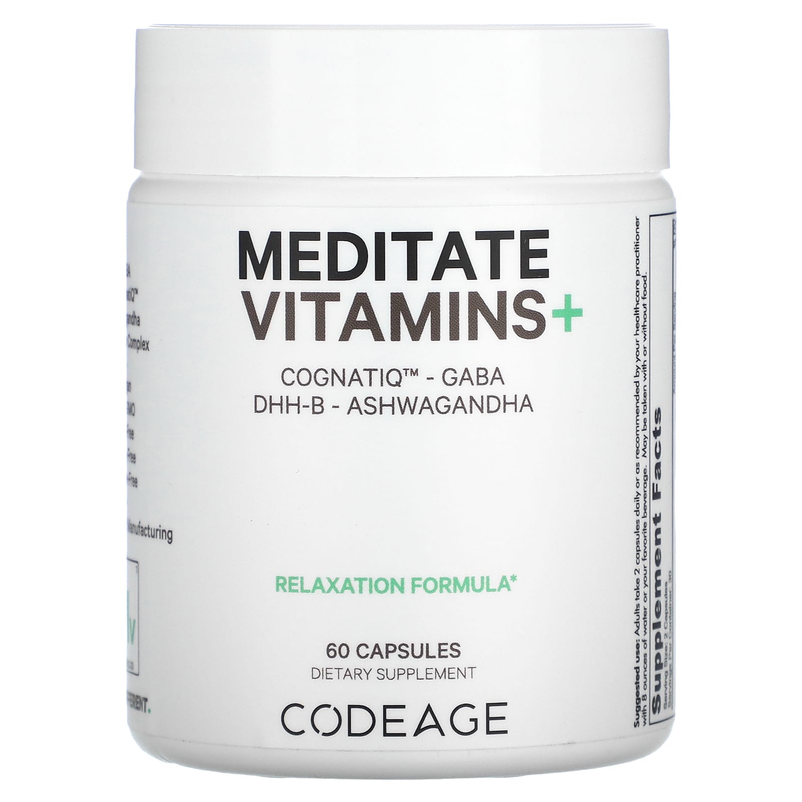 Codeage, Meditate Vitamins+, CognatiQ, витамины с ГАМК, DHH-B и ашвагандой, 60 капсул