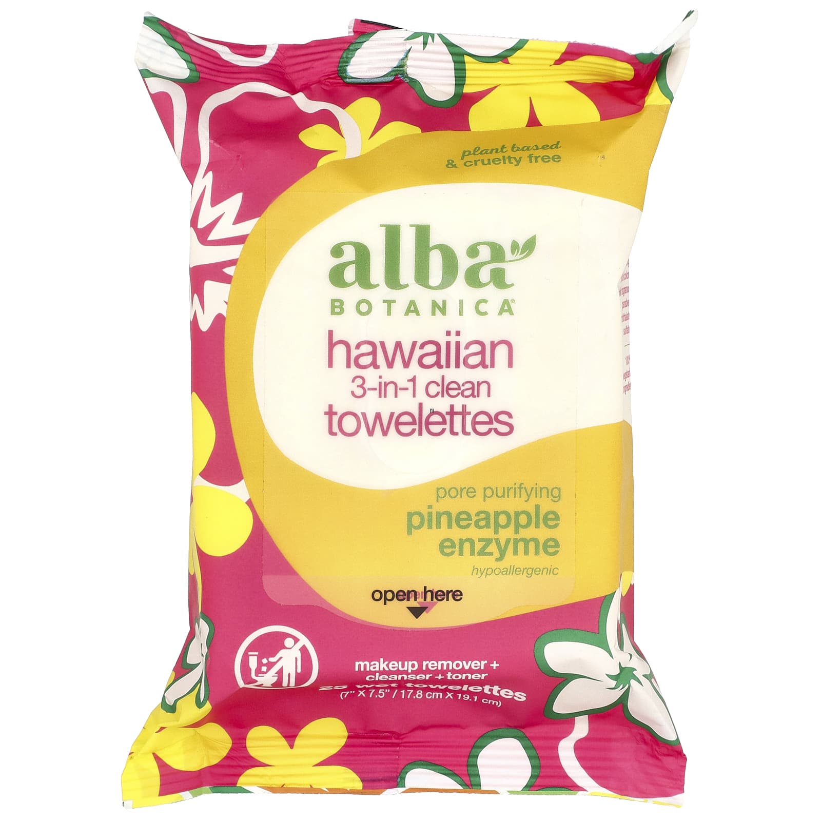 Alba Botanica Hawaiian очищающие салфетки 3 в 1 с ананасовым ферментом 25 влажных салфеток 1790₽