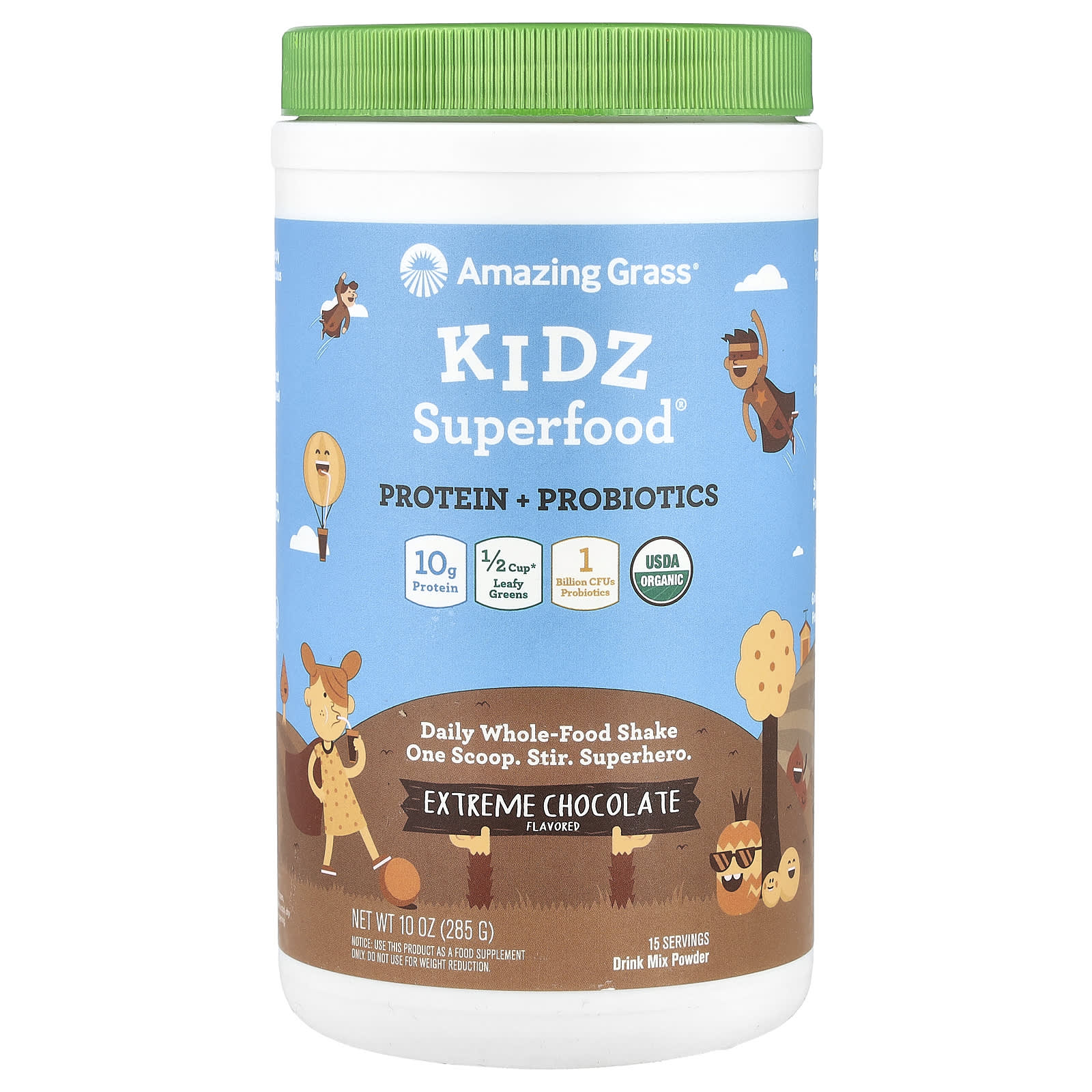 Amazing Grass, Kidz Superfood®, протеин и пробиотики, экстремальный шоколад, 285 г (10 унций)