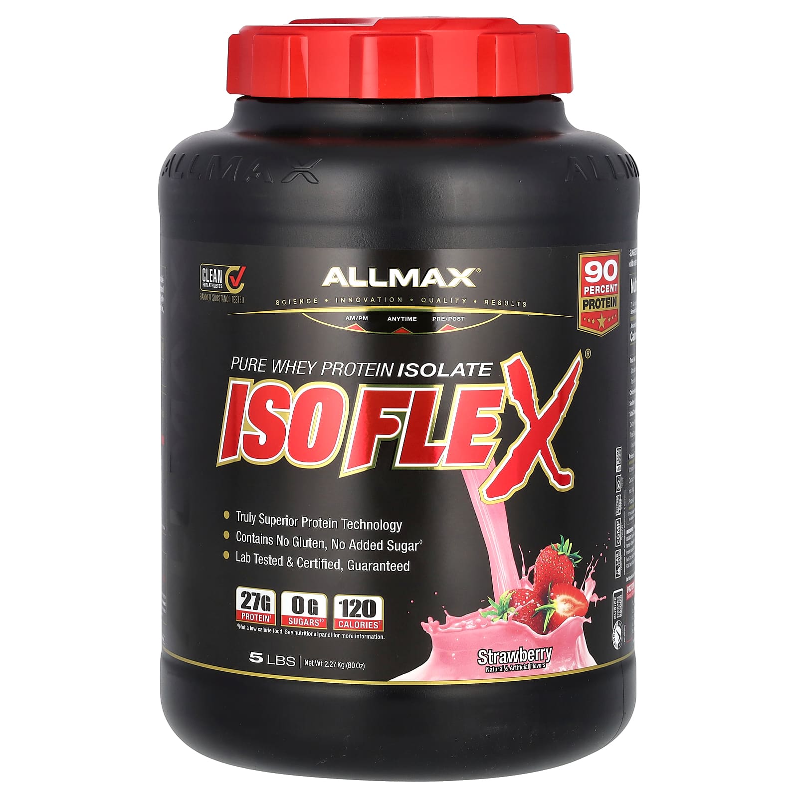 ALLMAX Isoflex 100 ультра чистый изолят сывороточного протеина технология ионной фильтрации клубника 5 фунтов 227 кг 21690₽
