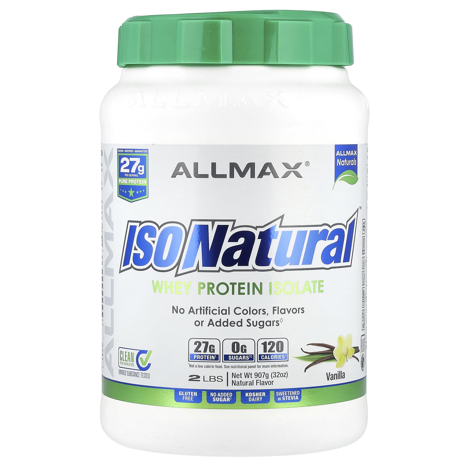 ALLMAX IsoNatural 100 ультра-очищенный натуральный изолят сывороточного протеина со вкусом ванили 907 г 11690₽