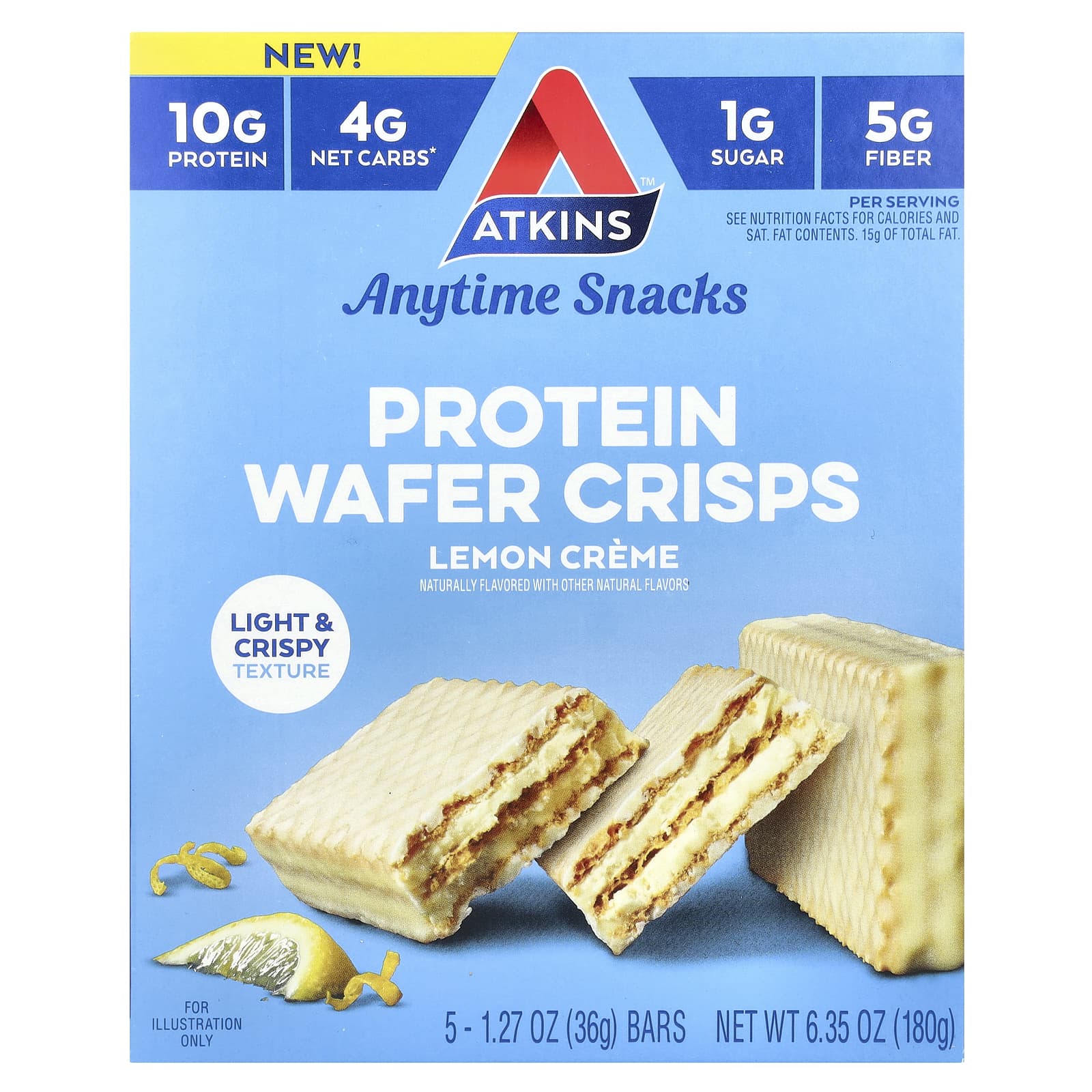 Atkins, Anytime Snacks, протеиновые вафли, лимонный крем, 5 батончиков, 36 г (1,27 унции)