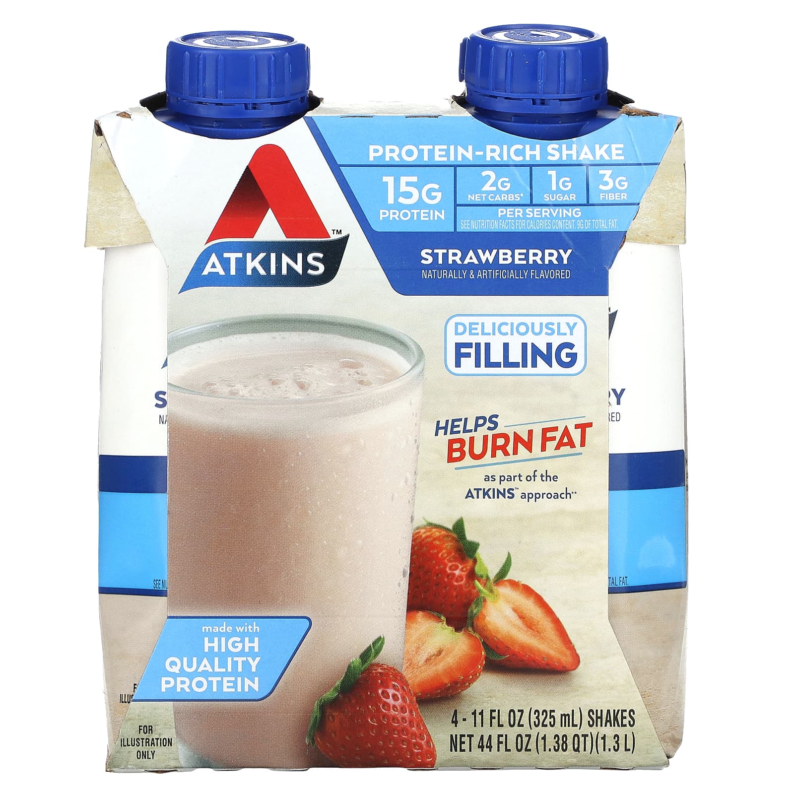 Atkins, Насыщенный протеином коктейль, клубника, 4 коктейля, по 325 мл (11 жидк. Унций)