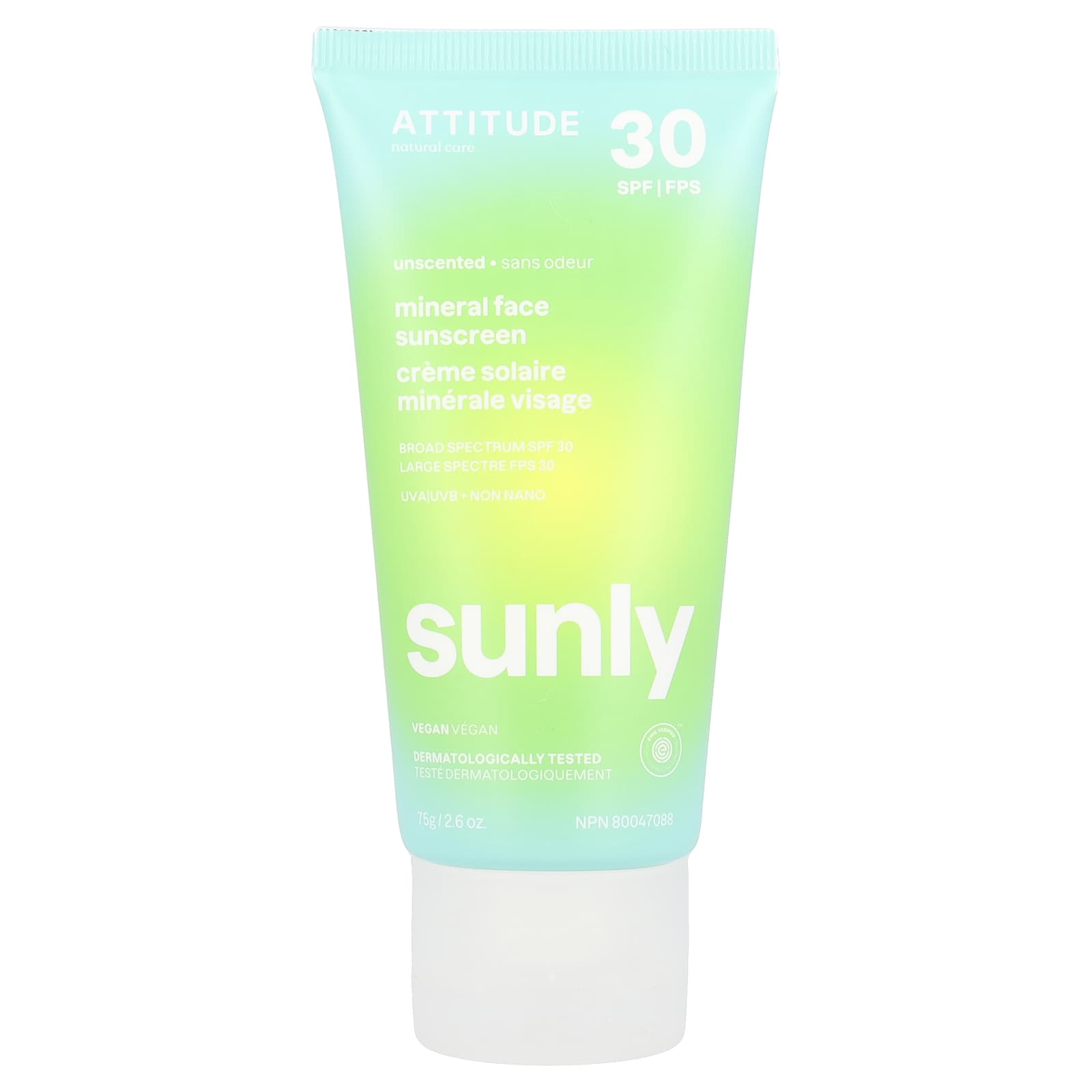 ATTITUDE, Sunly, минеральное солнцезащитное средство для лица, SPF 30, без запаха, 75 г (2,6 унции)