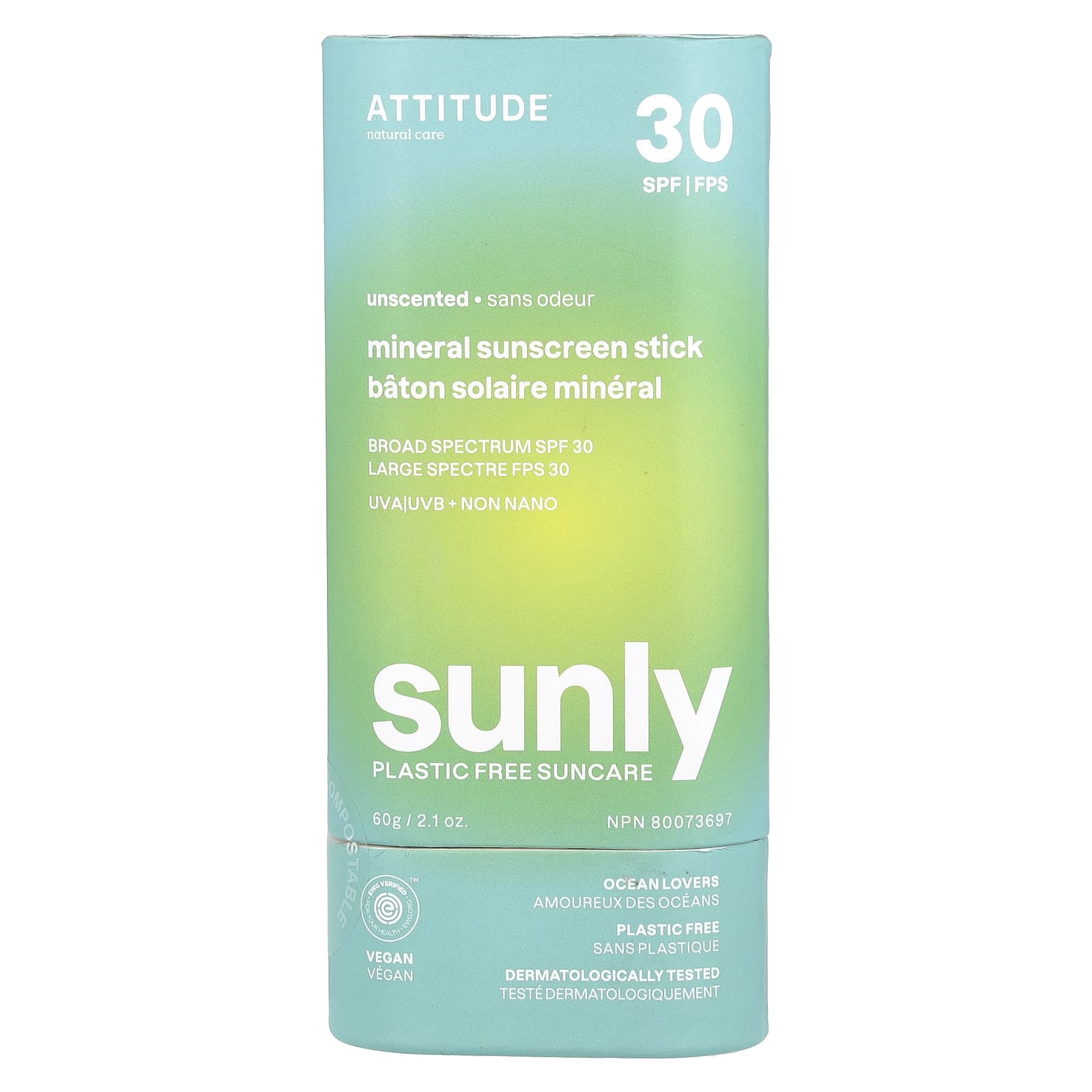 ATTITUDE, Sunly, минеральный солнцезащитный стик, SPF 30, без запаха, 60 г (2,1 унции)