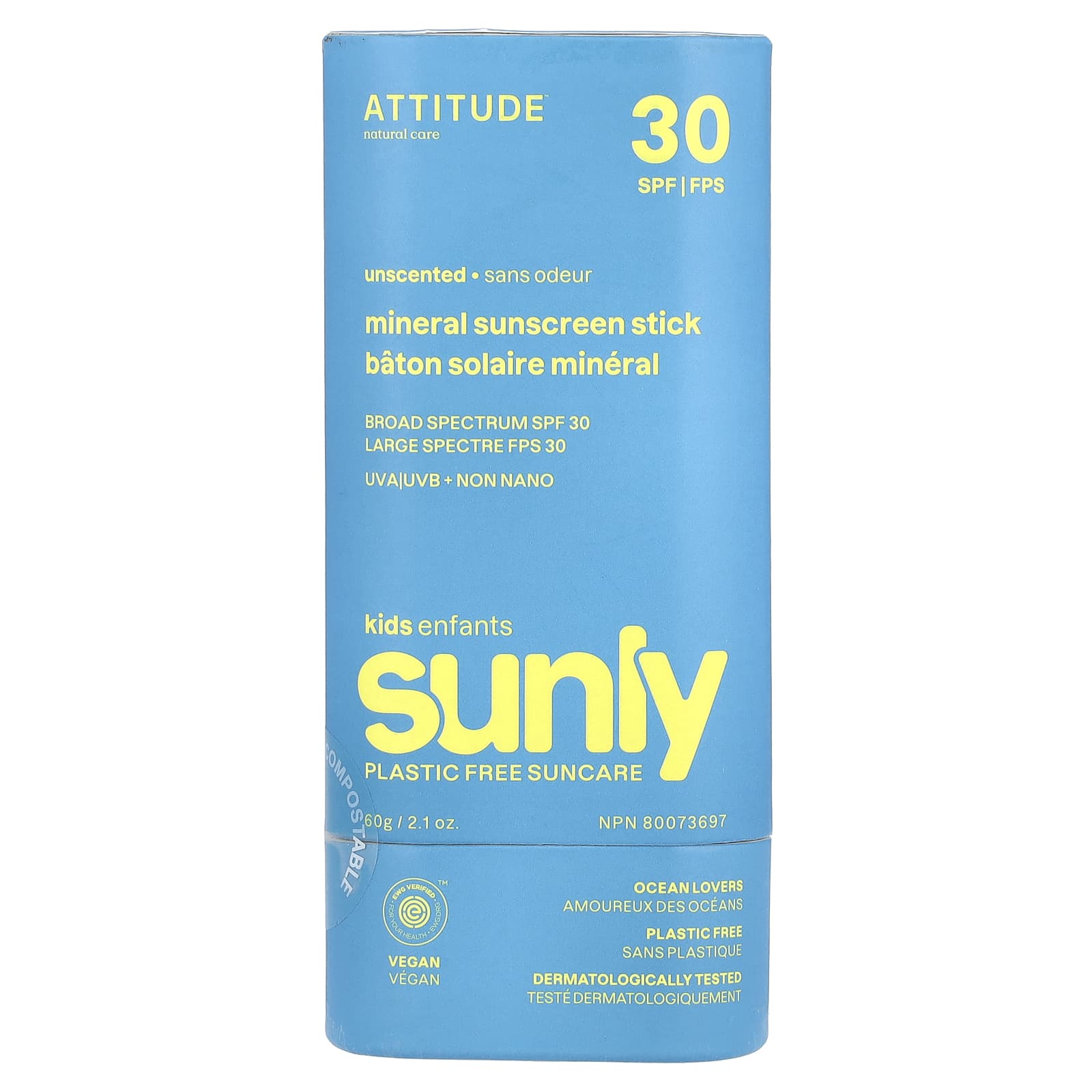 ATTITUDE, Sunly, минеральный солнцезащитный стик для детей, SPF 30, без запаха, 60 г (2,1 унции)