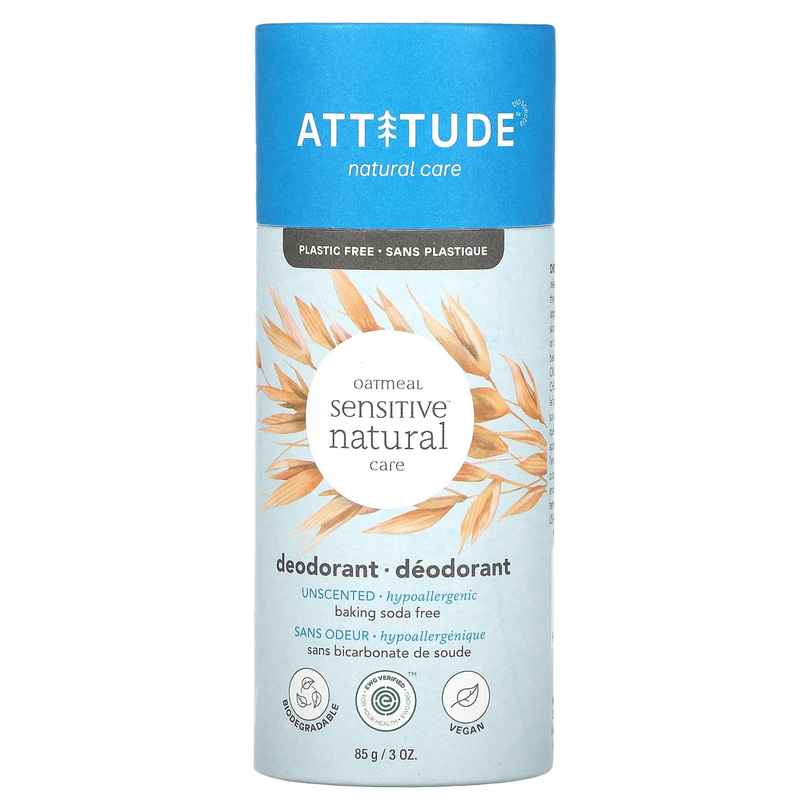 ATTITUDE, Oatmeal Sensitive Natural Care, дезодорант, без запаха, 85 г (3 унции)