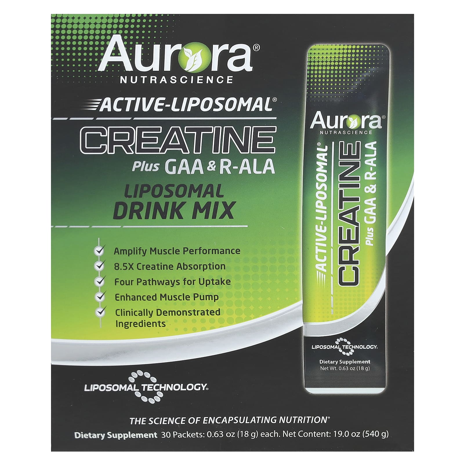 Aurora Nutrascience, Active Liposomal®, креатин с ГАК и R-ALA, 30 пакетиков по 18 г (0,63 унции)