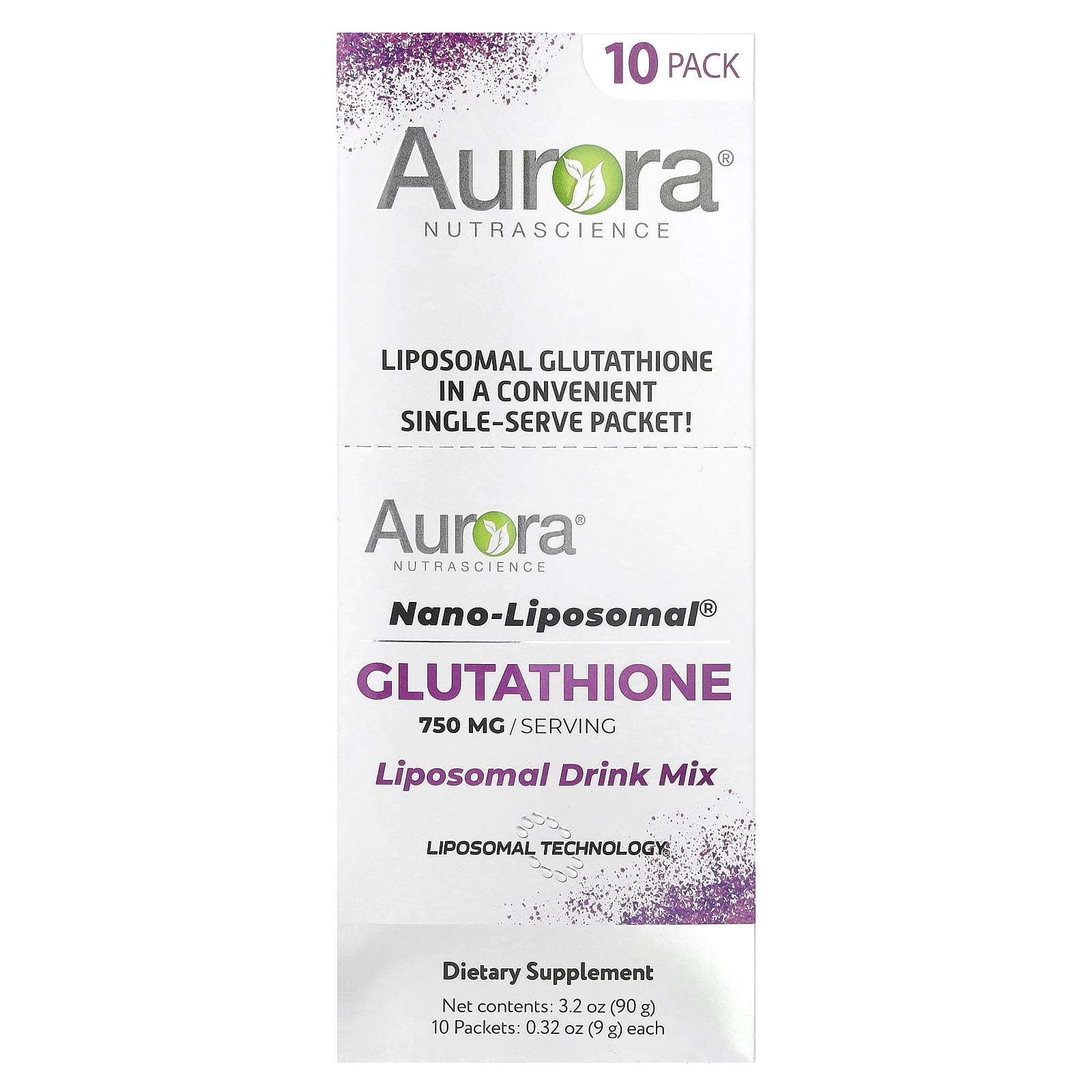 Aurora Nutrascience, Nano-Liposomal®, глутатион, липосомальная смесь для приготовления напитка, 750 мг, 10 пакетиков по 9 г (0,32 унции)