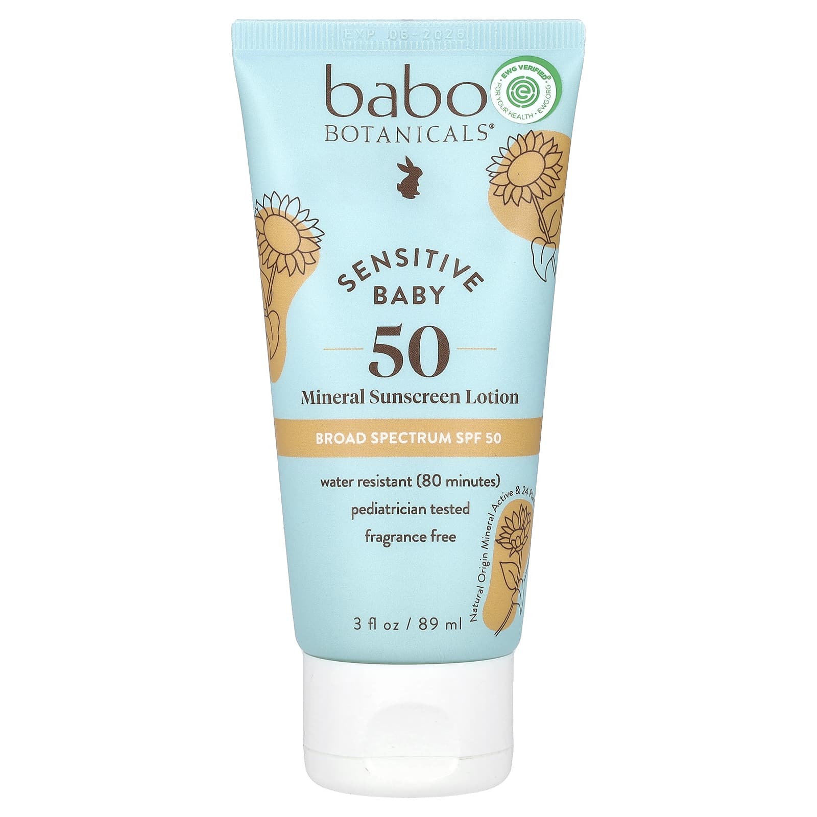 Babo Botanicals, Для детской кожи, солнцезащитный лосьон на минеральной основе, SPF 50, 89 мл