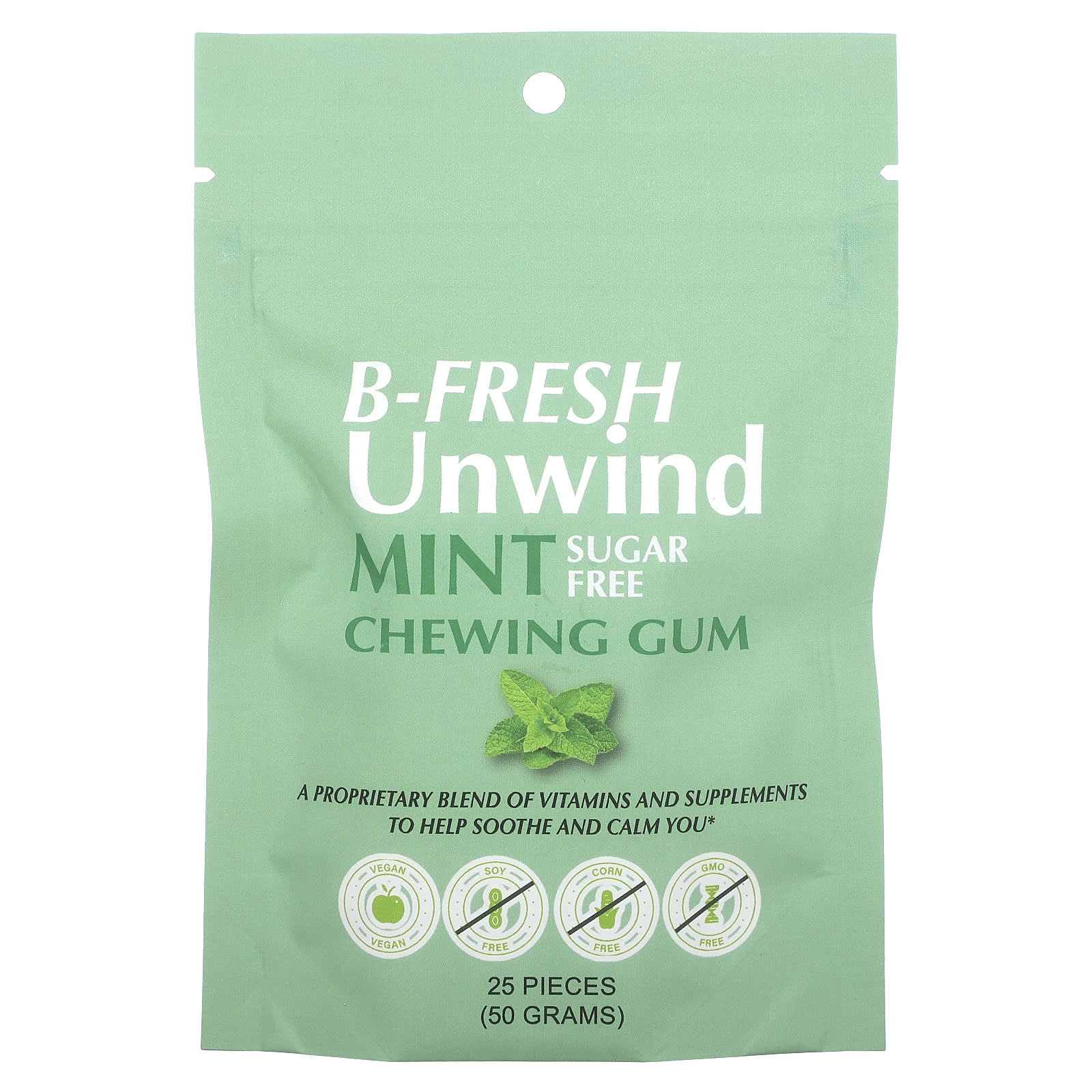 B-Fresh, Unwind, жевательная резинка, без сахара, мята, 25 шт. (50 г)