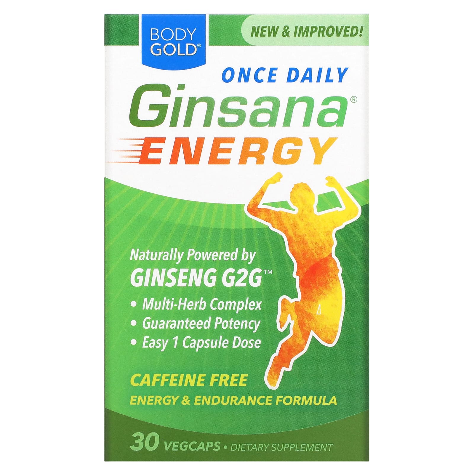 BodyGold, Ginsana Energy, без кофеина, 30 вегетарианских капсул