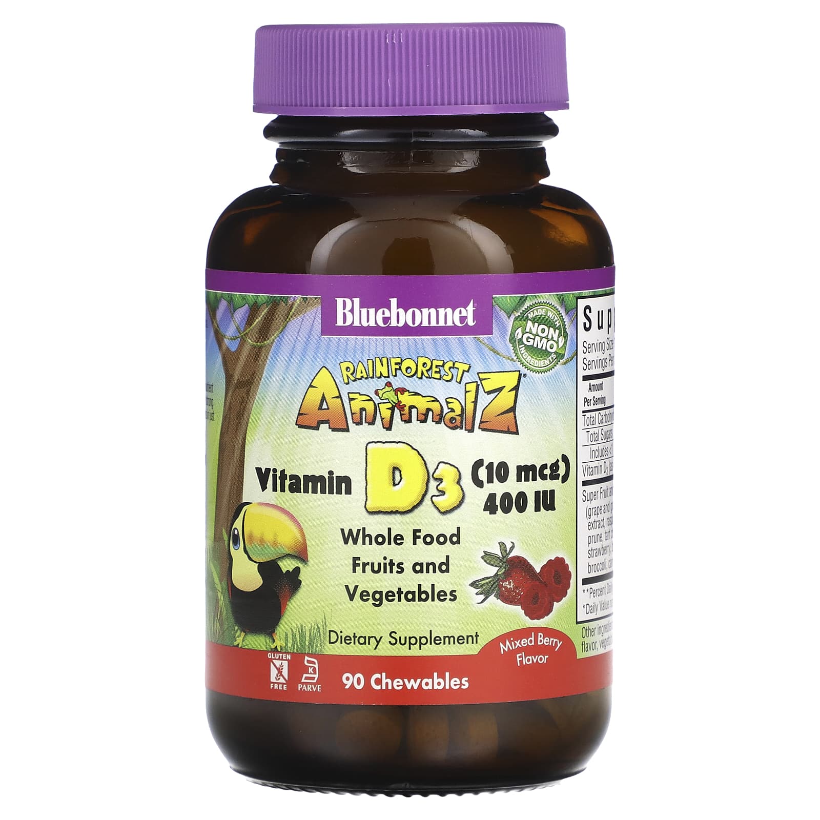 Bluebonnet Nutrition Rainforest Animalz витамин D3 с натуральным ягодным вкусом 400 МЕ 90 жевательных таблеток 2090₽