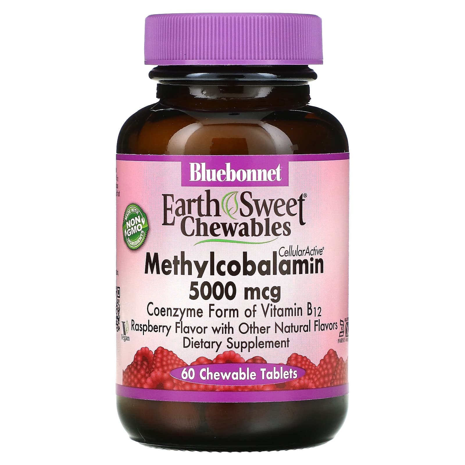 Bluebonnet Nutrition, EarthSweet, жевательные таблетки CellularActive, метилкобаламин, малиновый вкус, 5000 мкг, 60 жевательных таблеток