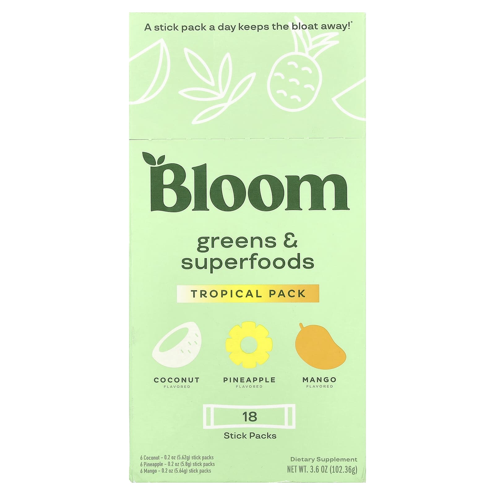 Bloom, Greens & Superfoods, тропическая упаковка, 18 пакетиков, 102,36 г (3,6 унции)