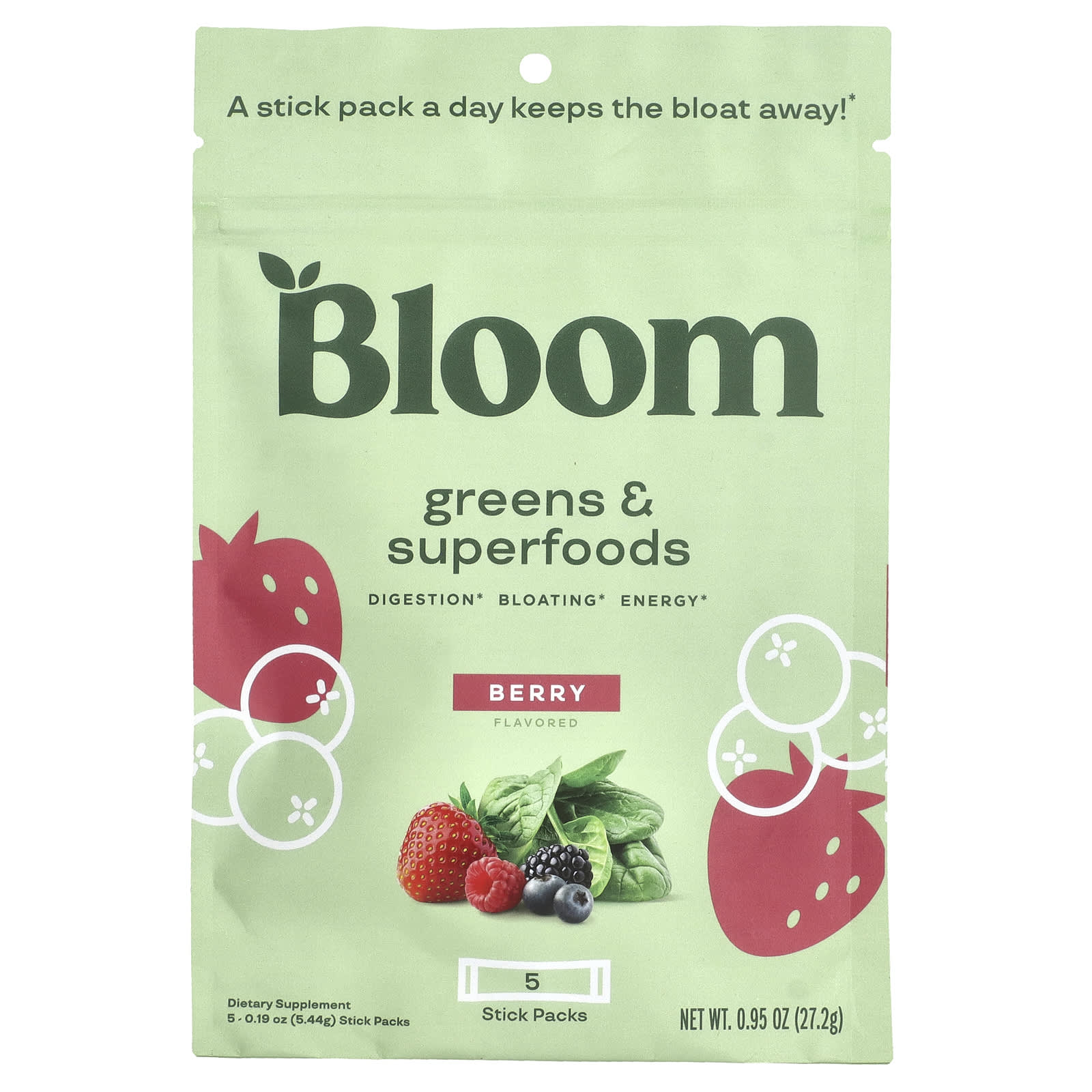 Bloom, Greens & Superfoods, ягоды, 5 пакетиков в стиках по 5,44 г (0,19 унции)