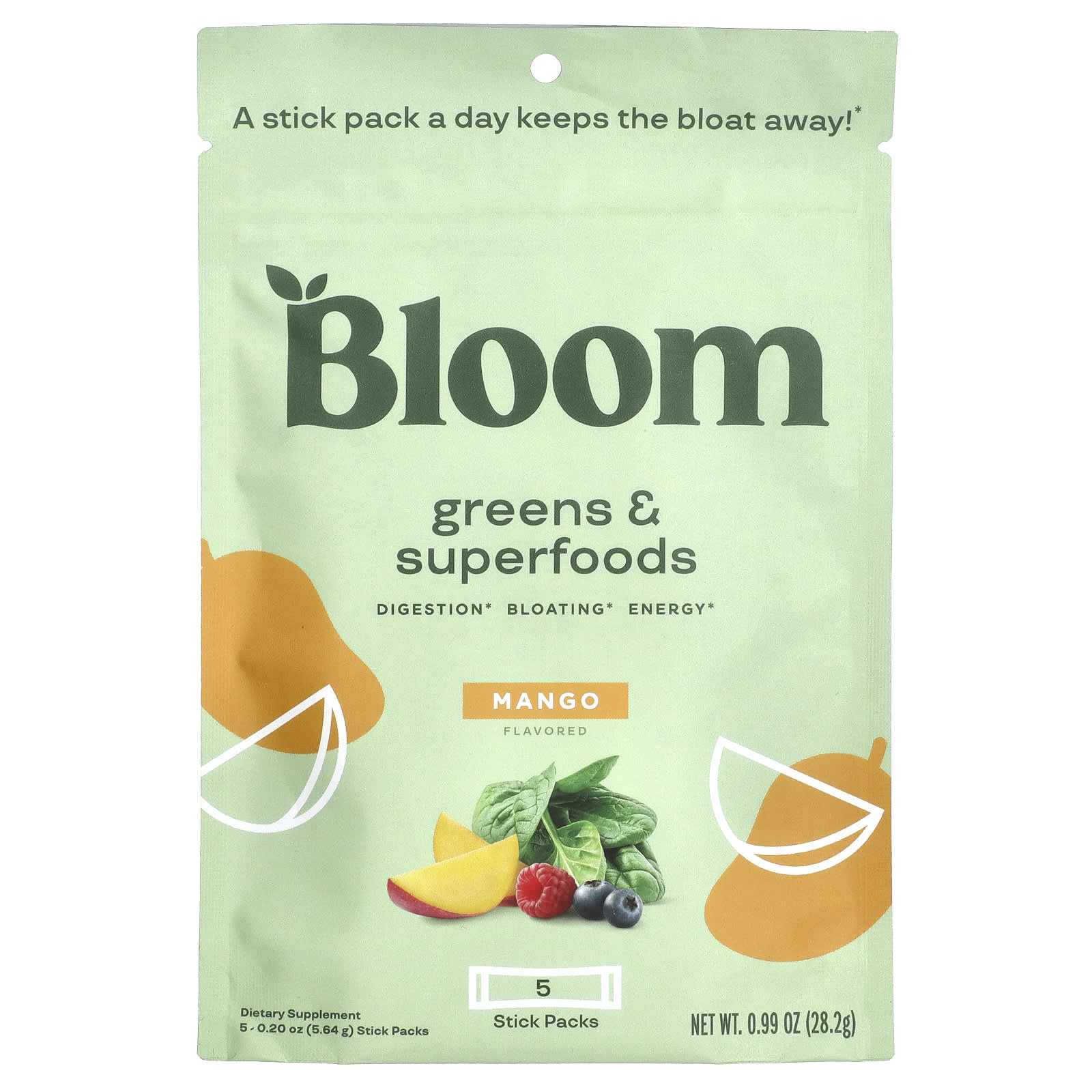 Bloom, Greens & Superfoods, манго, 5 пакетиков по 5,64 г (0,20 унции)