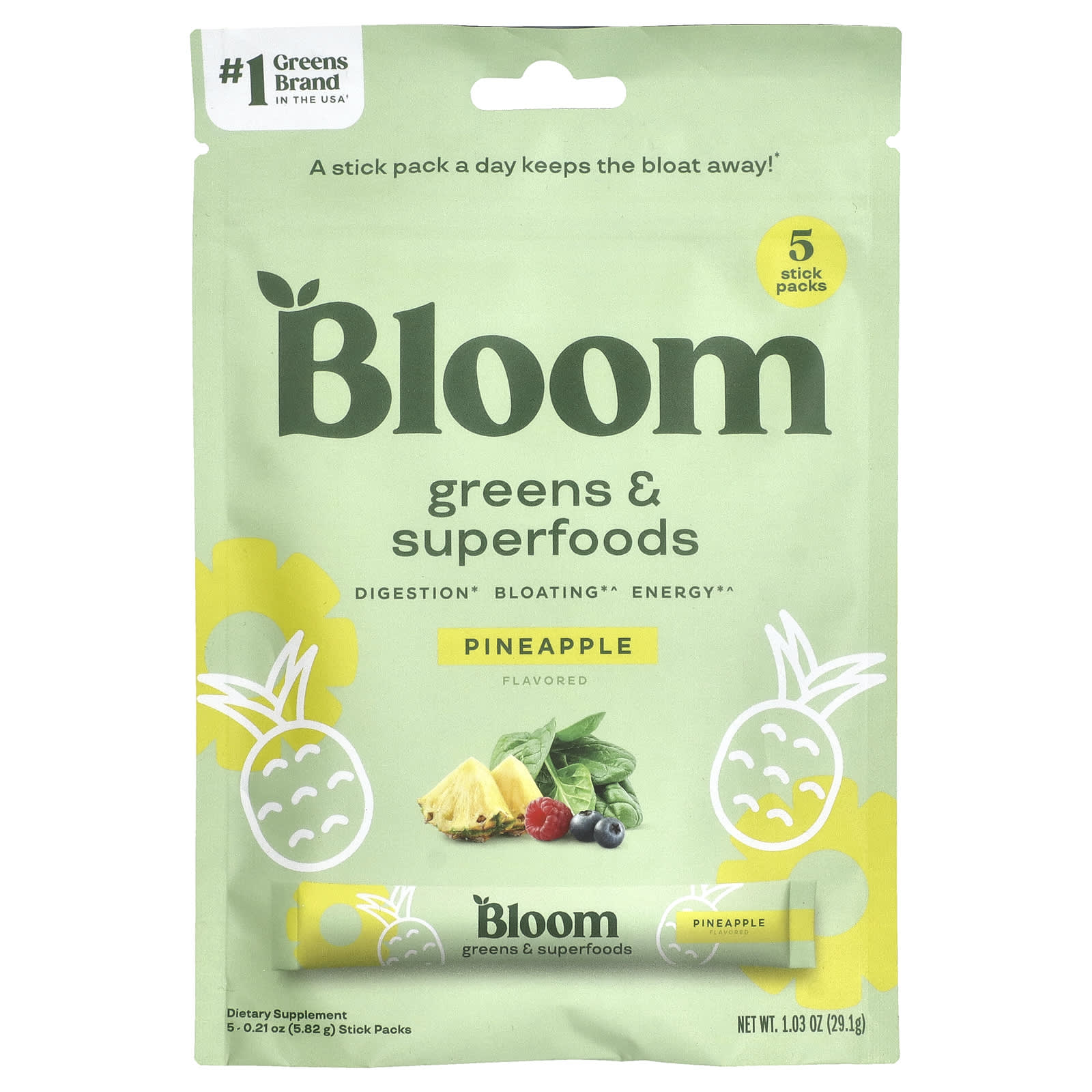 Bloom, Greens & Superfoods, ананас, 5 пакетиков в стиках по 5,82 г (0,21 унции)