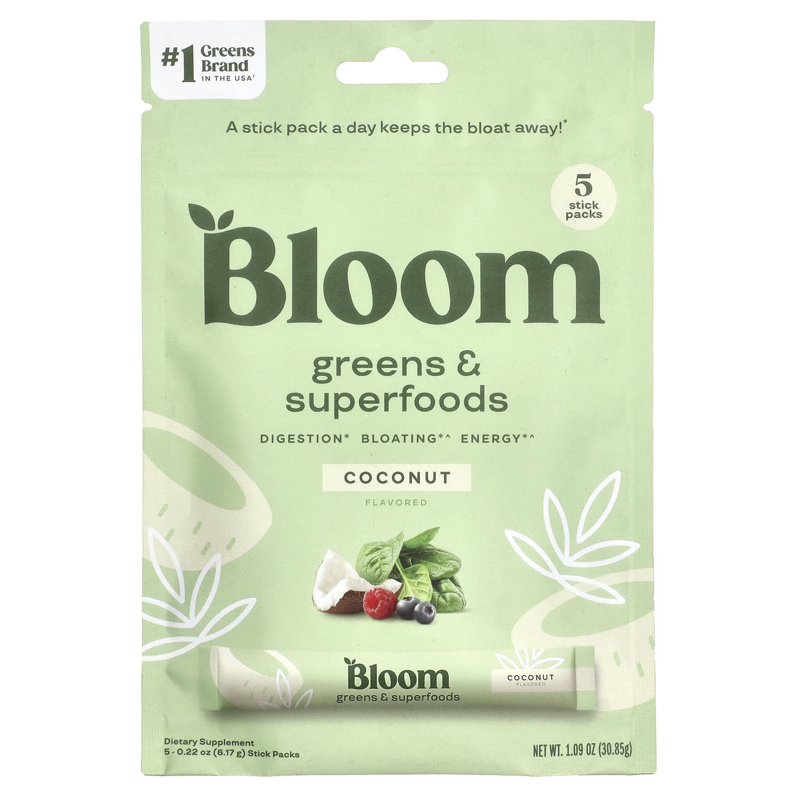 Bloom, Greens & Superfoods, кокос, 5 пакетиков в стиках по 5,44 г (0,19 унции)