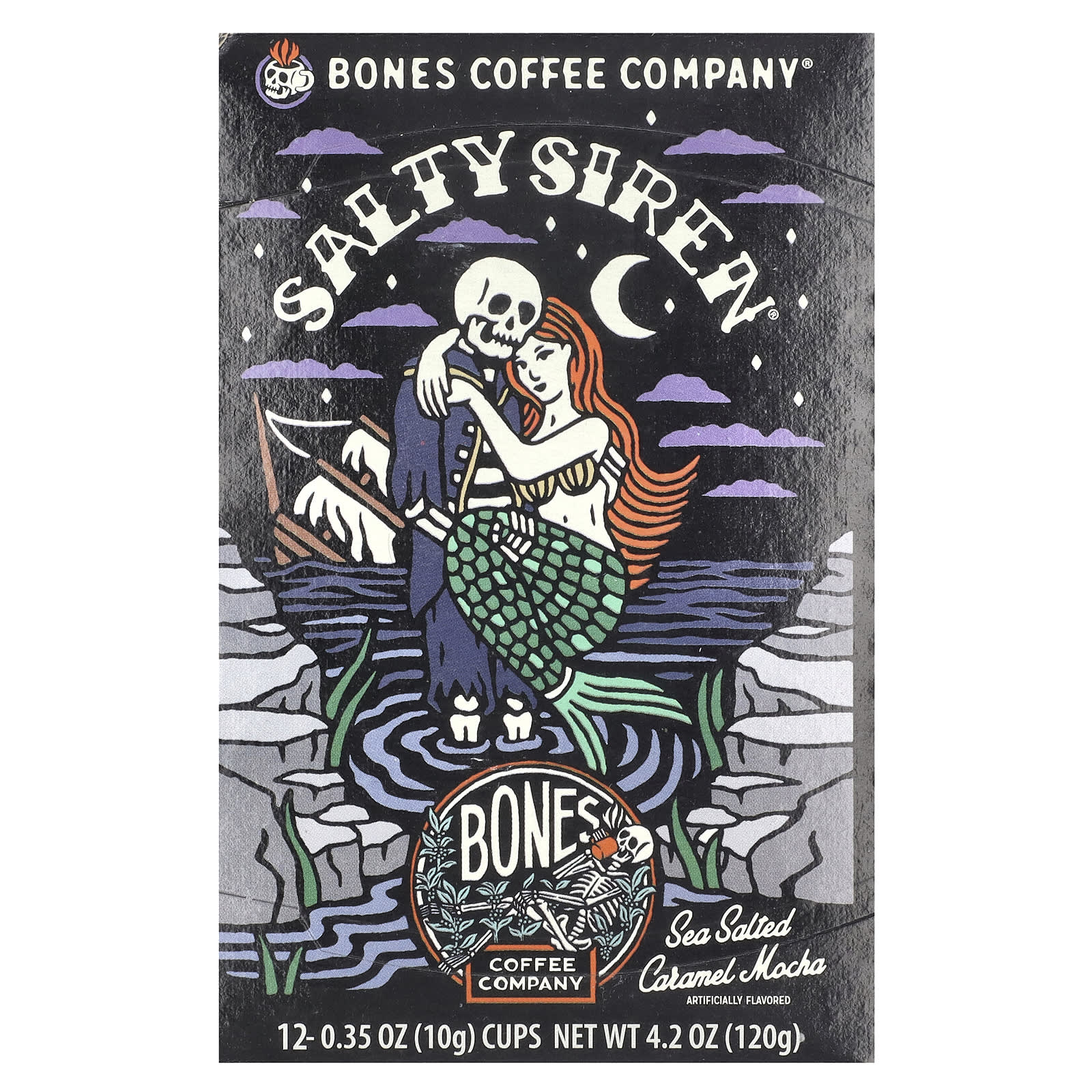 Bones Coffee Company, Salty Siren, кофейные чашки, мокко с морской соленой карамелью, 12 чашек по 10 г (0,35 унции)