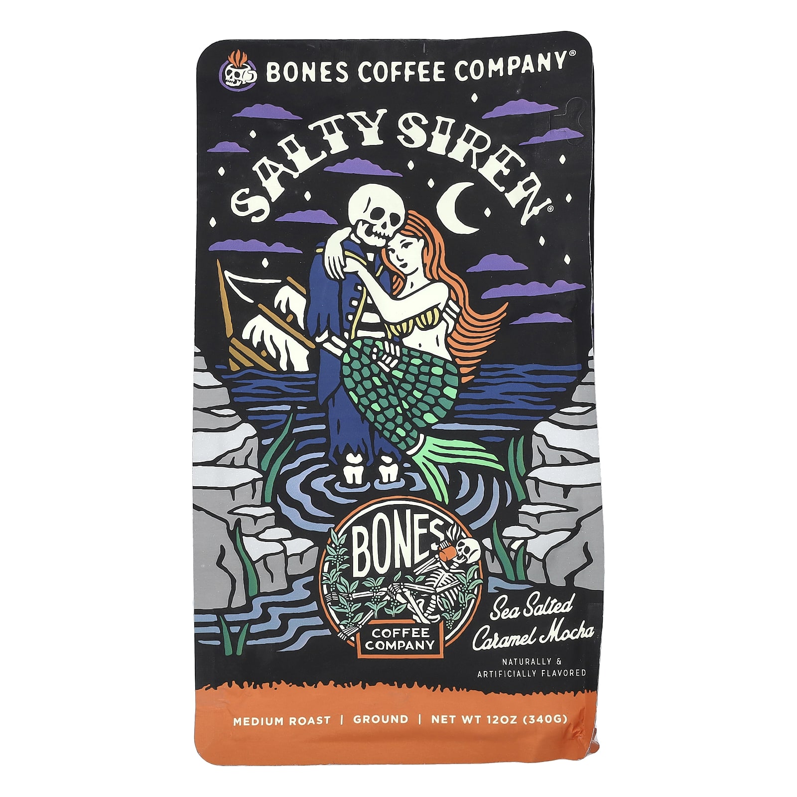 Bones Coffee Company, Salty Siren, мокко с морской соленой карамелью, молотый, средняя обжарка, 340 г (12 унций)