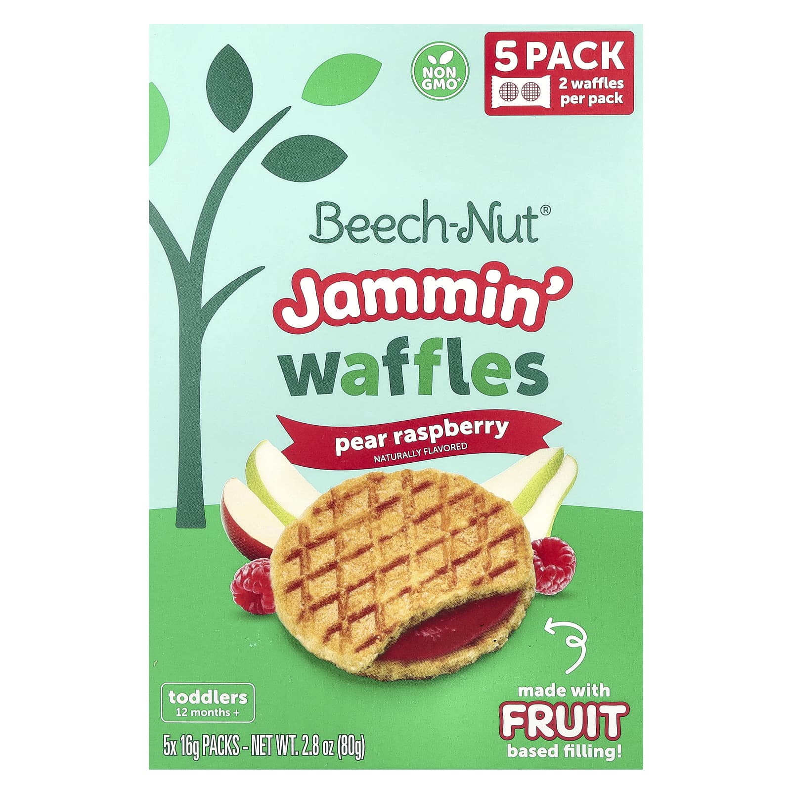 Beech-Nut, Jammin 'Waffles, для детей от 12 месяцев, груша и малина, 5 пакетиков по 16 г (0,56 унции)