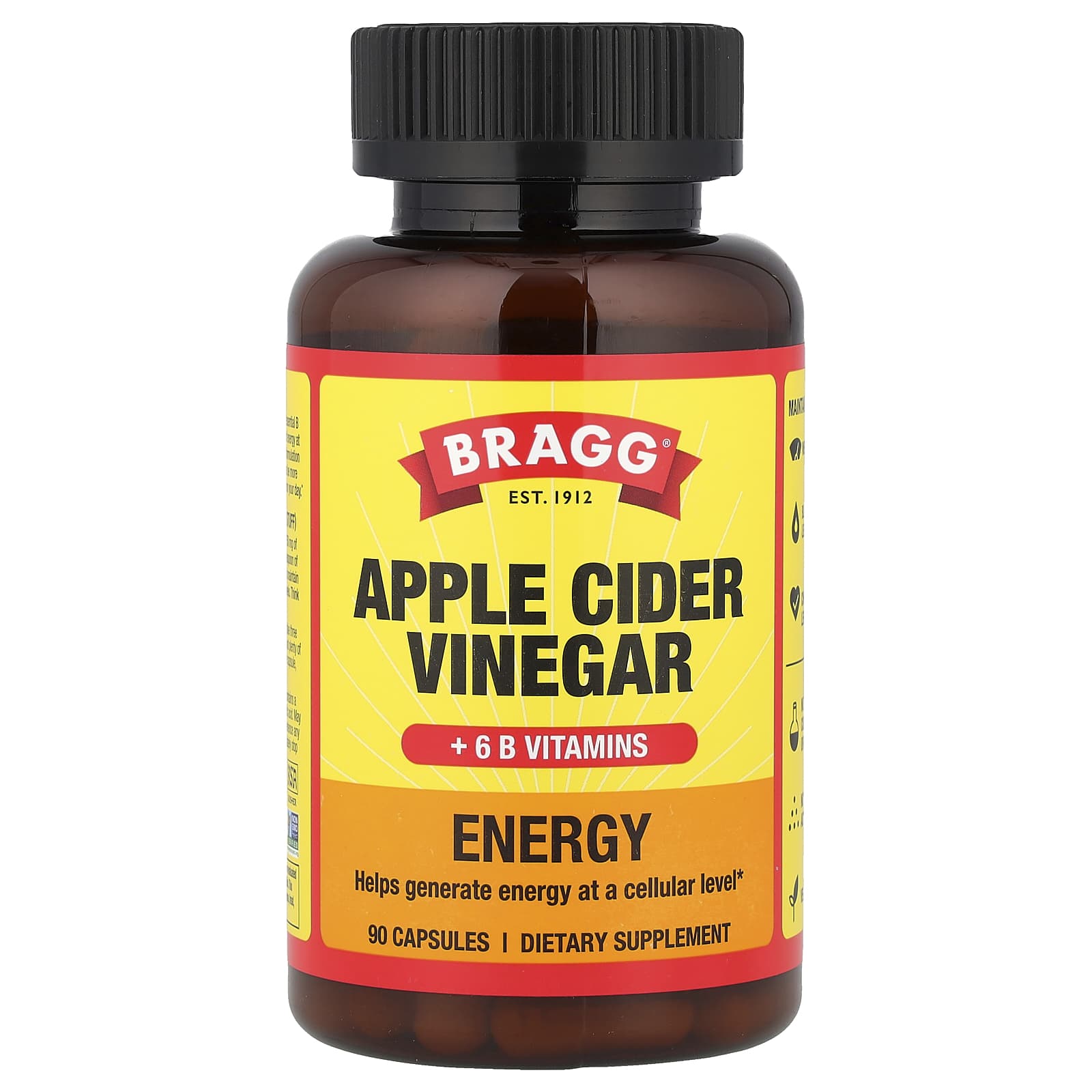 Bragg, True Energy, яблочный уксус, 6 витаминов группы B, без кофеина, 90 капсул