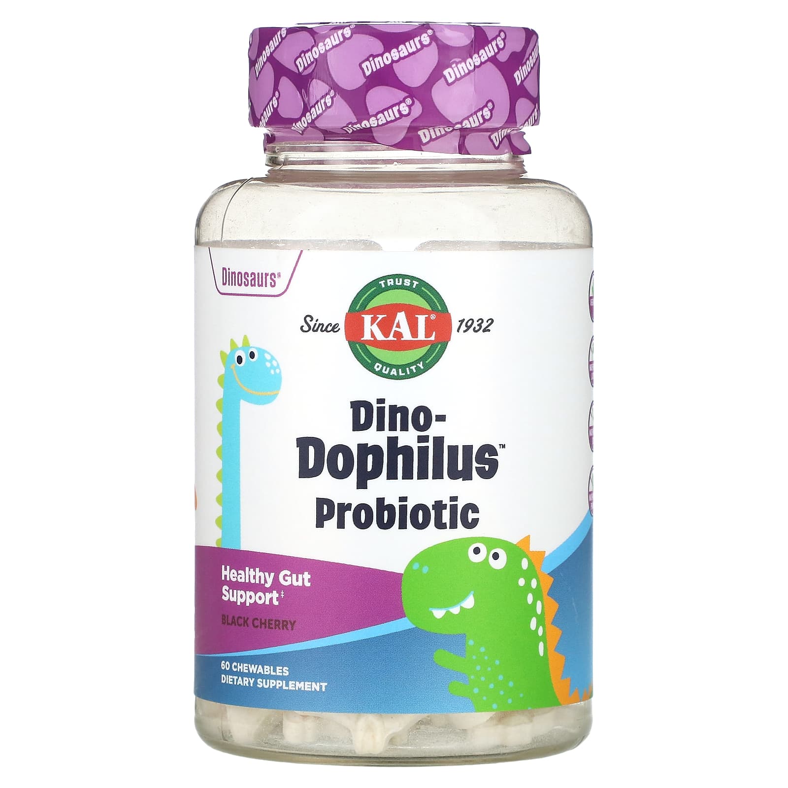KAL, Dinosaurs, Dino-Dophilus, пробиотики со вкусом черешни, 60 жевательных таблеток