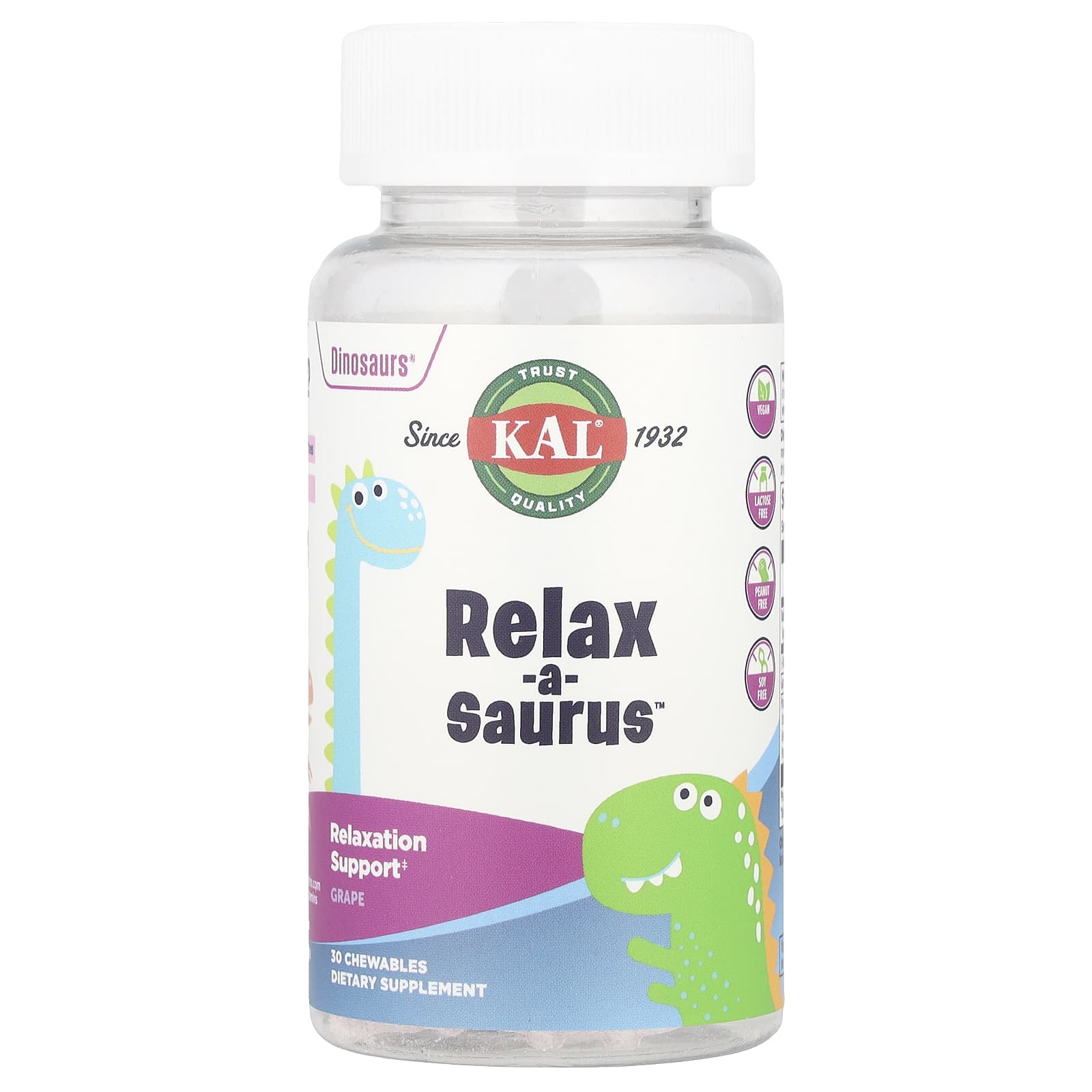 KAL, Dinosaurs, Relax-a-Saurus, виноград, 30 жевательных таблеток