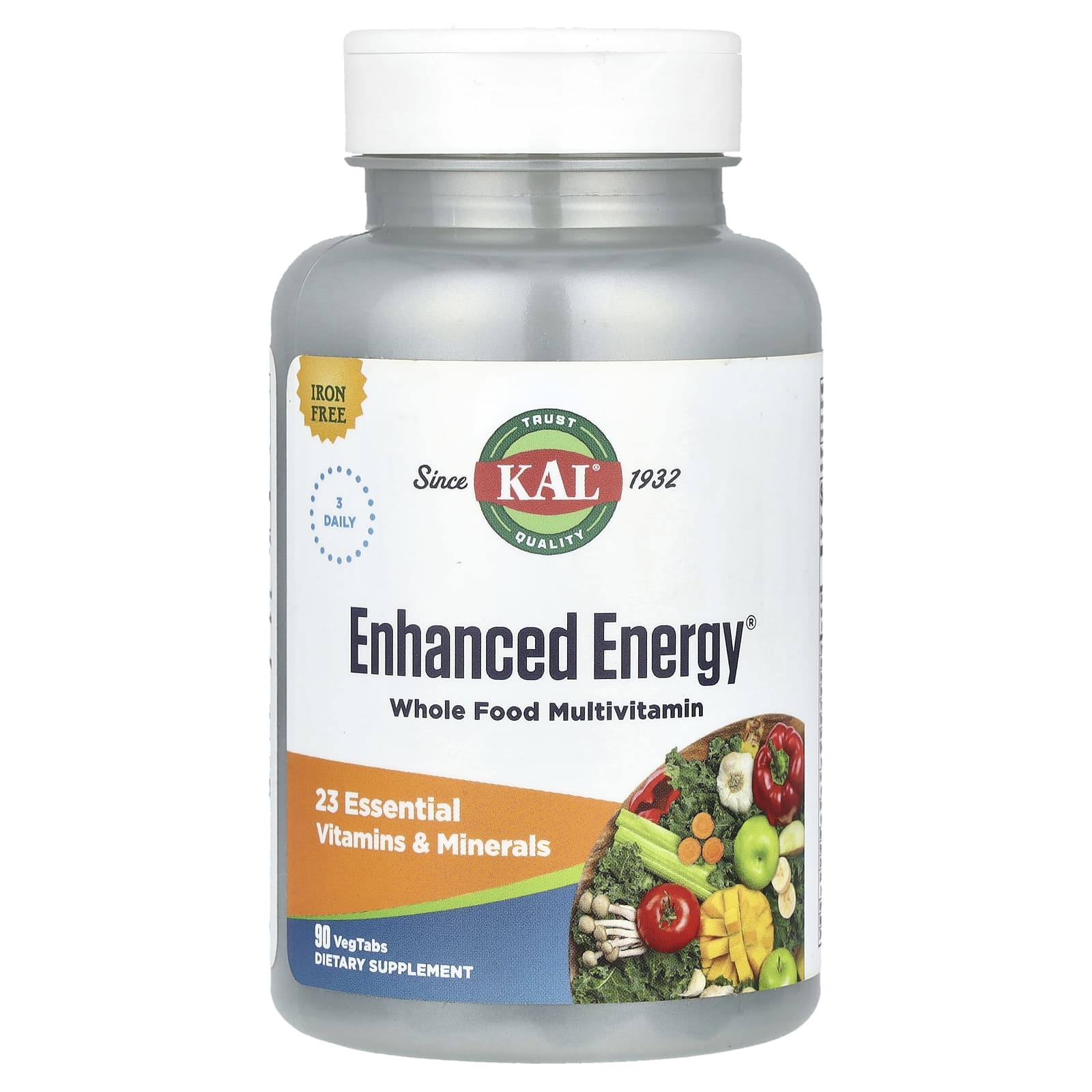 KAL, Enhanced Energy, мультивитамины из цельных продуктов, без железа, 90 вегетарианских таблеток