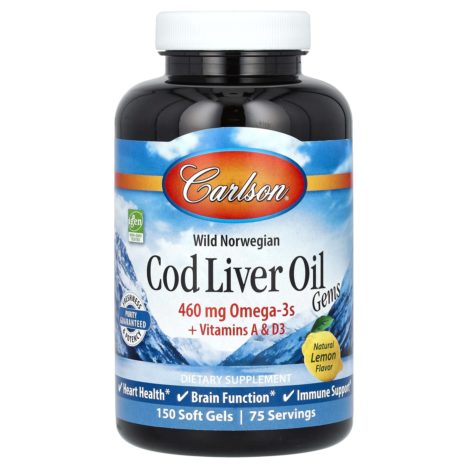Carlson, Cod Liver Oil Gems, жир из печени норвежской трески дикого улова, с натуральным лимонным вкусом, 460 мг, 150 капсул (230 мг в 1 капсуле)