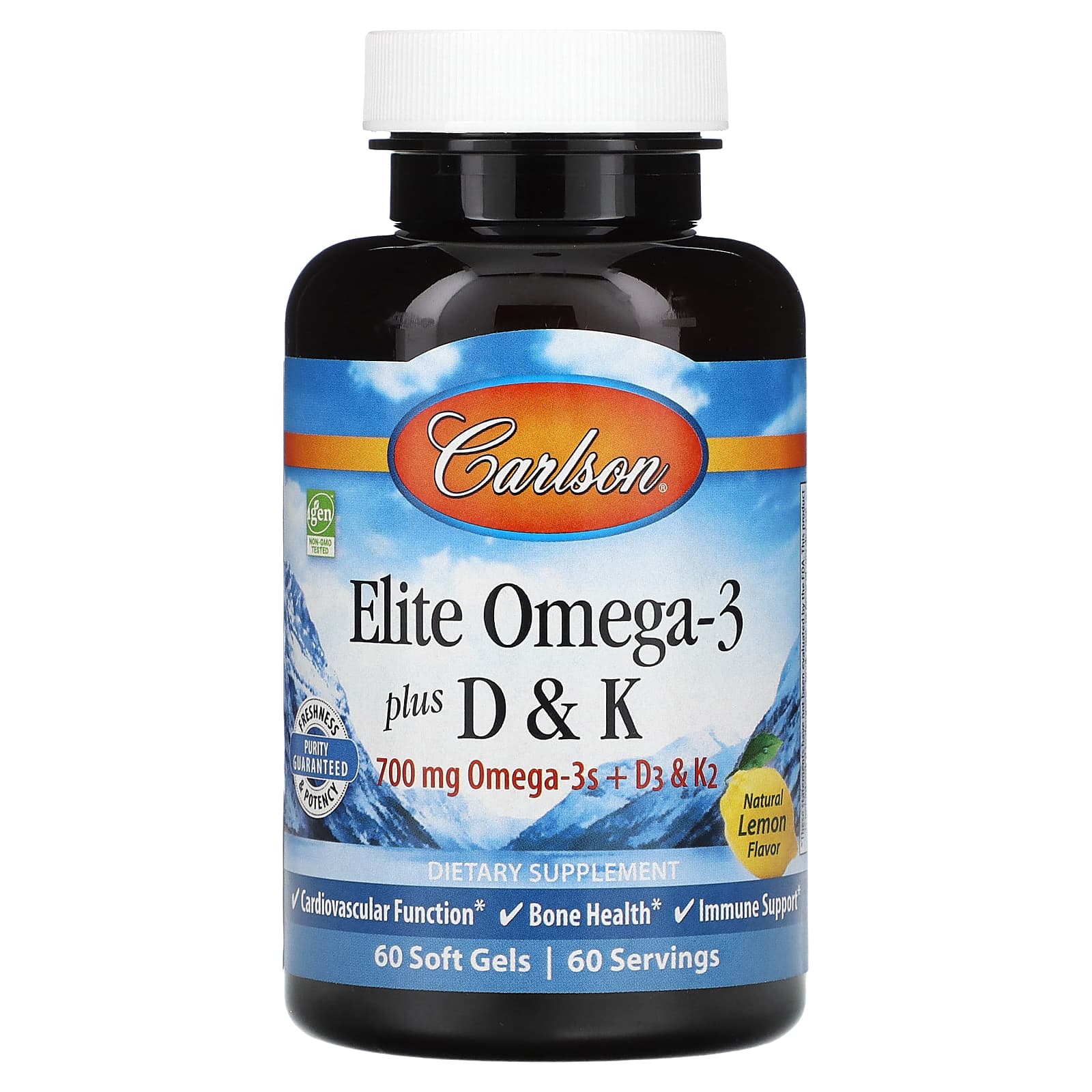 Carlson, Elite Omega-3 с витаминами D и K, натуральный вкус лимона, 60 мягких таблеток