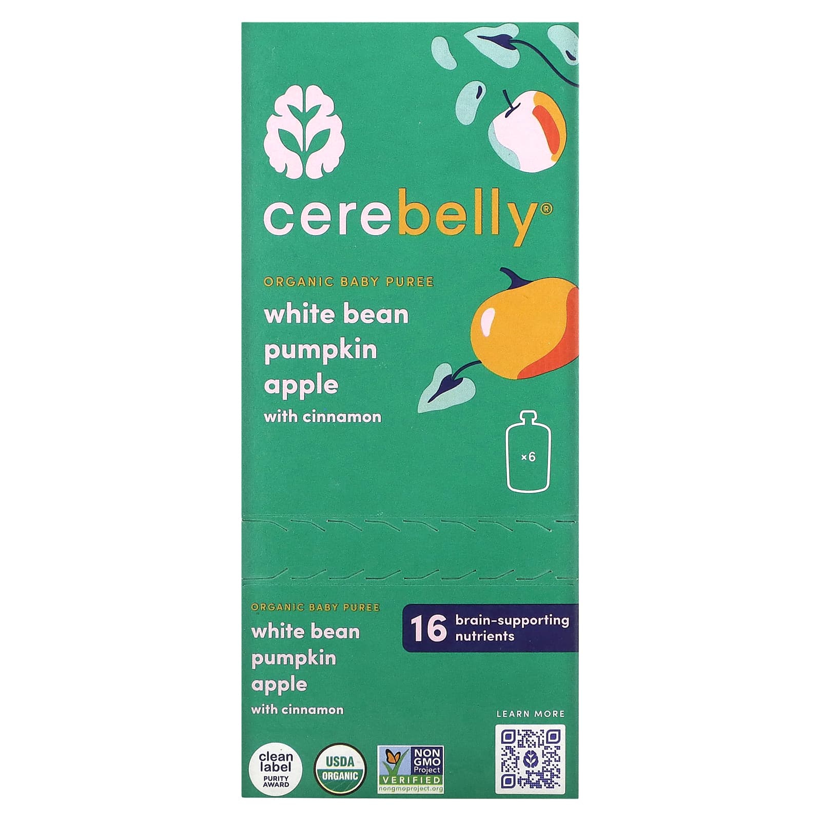 Cerebelly Organic Baby Puree White Bean Pumpkin Apple with Cinnamon 6 Pouches 4 oz 113 g Each 3890₽