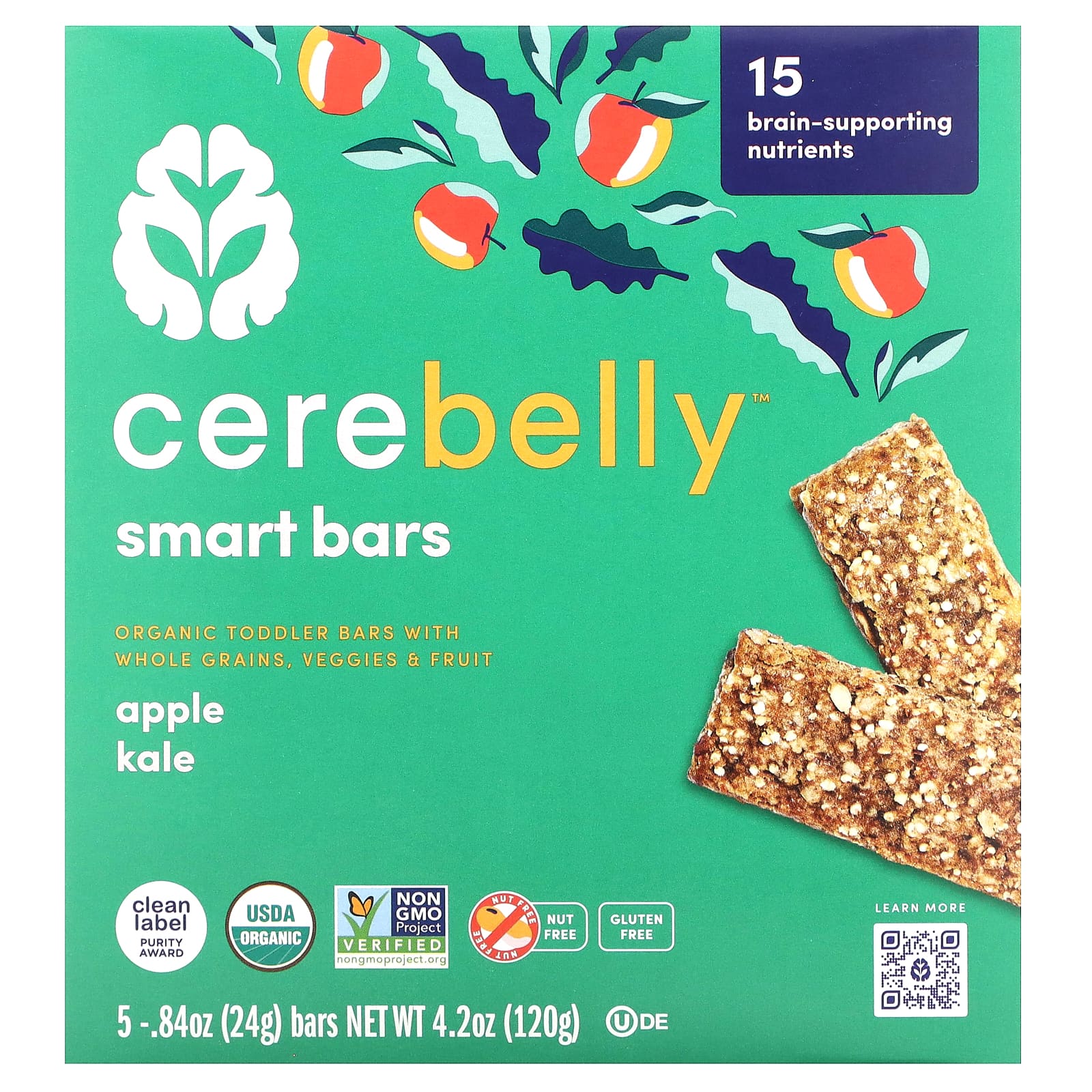 Cerebelly Smart Bars Organic Toddler Bars Apple Kale 5 Bars 084 oz 24 g Each 1790₽